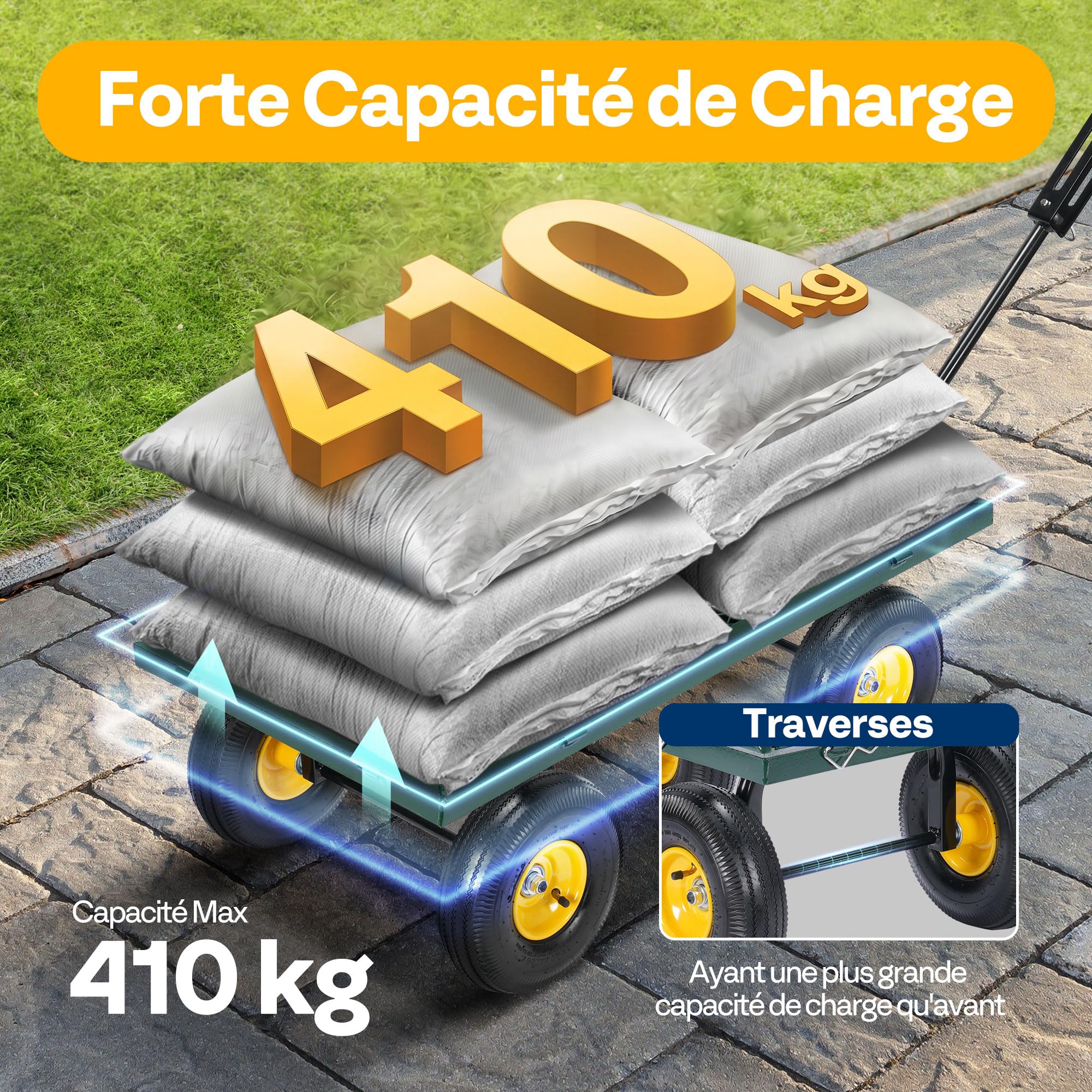 VIVOHOME Chariot de Jardin Capacité de Charge 410kg, Chariot de Transport Tout Terrain avec Pneus 25,4cm et Poignée Convertible, pour Jardinage ou comme Remorque Vert