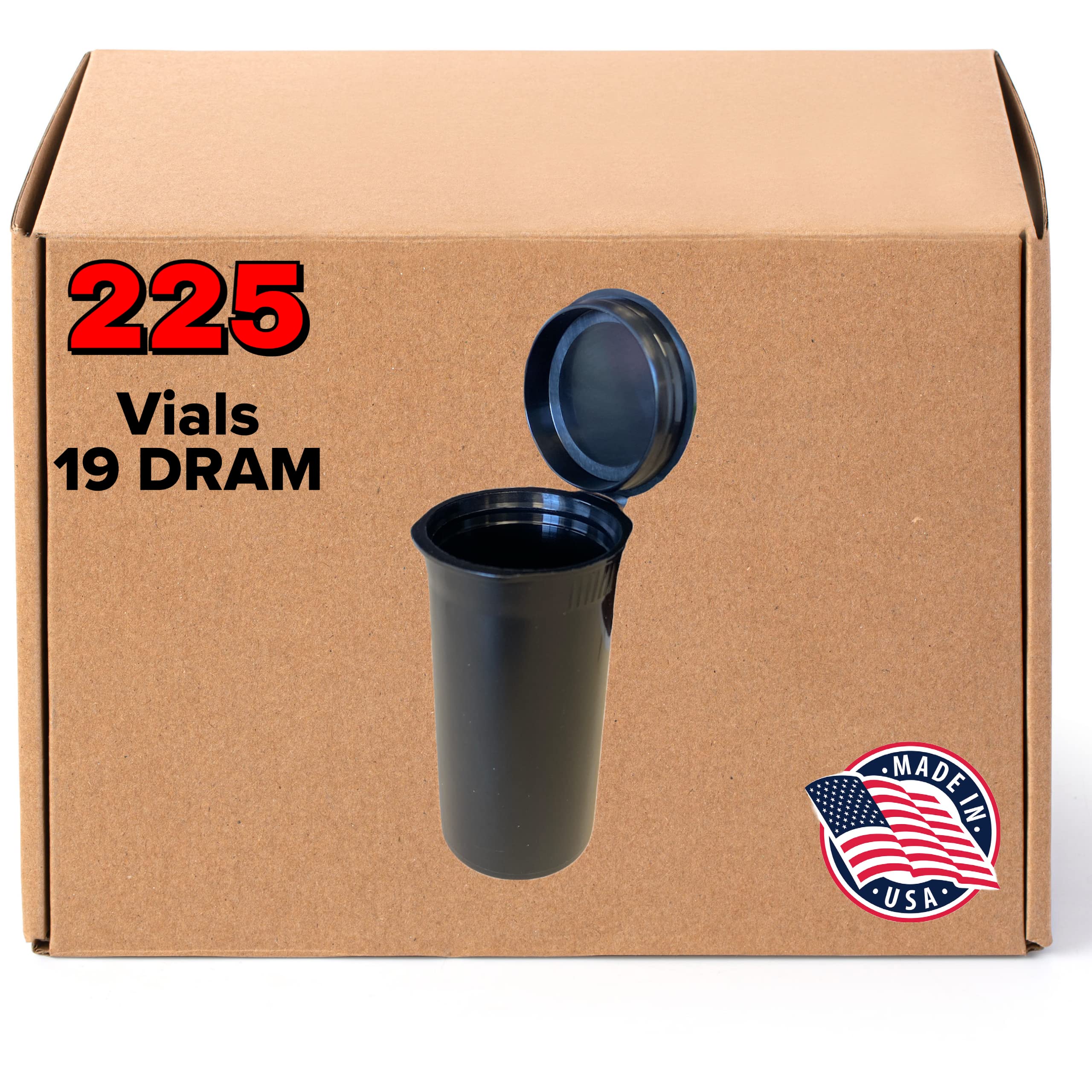 225 Pack of 19 Dram Black Pop Top Containers – Child-Resistant, Airtight Pill Vials for Storage – 2.75” Deep x 1.5” Wide – Secure Medical-Grade Bottles