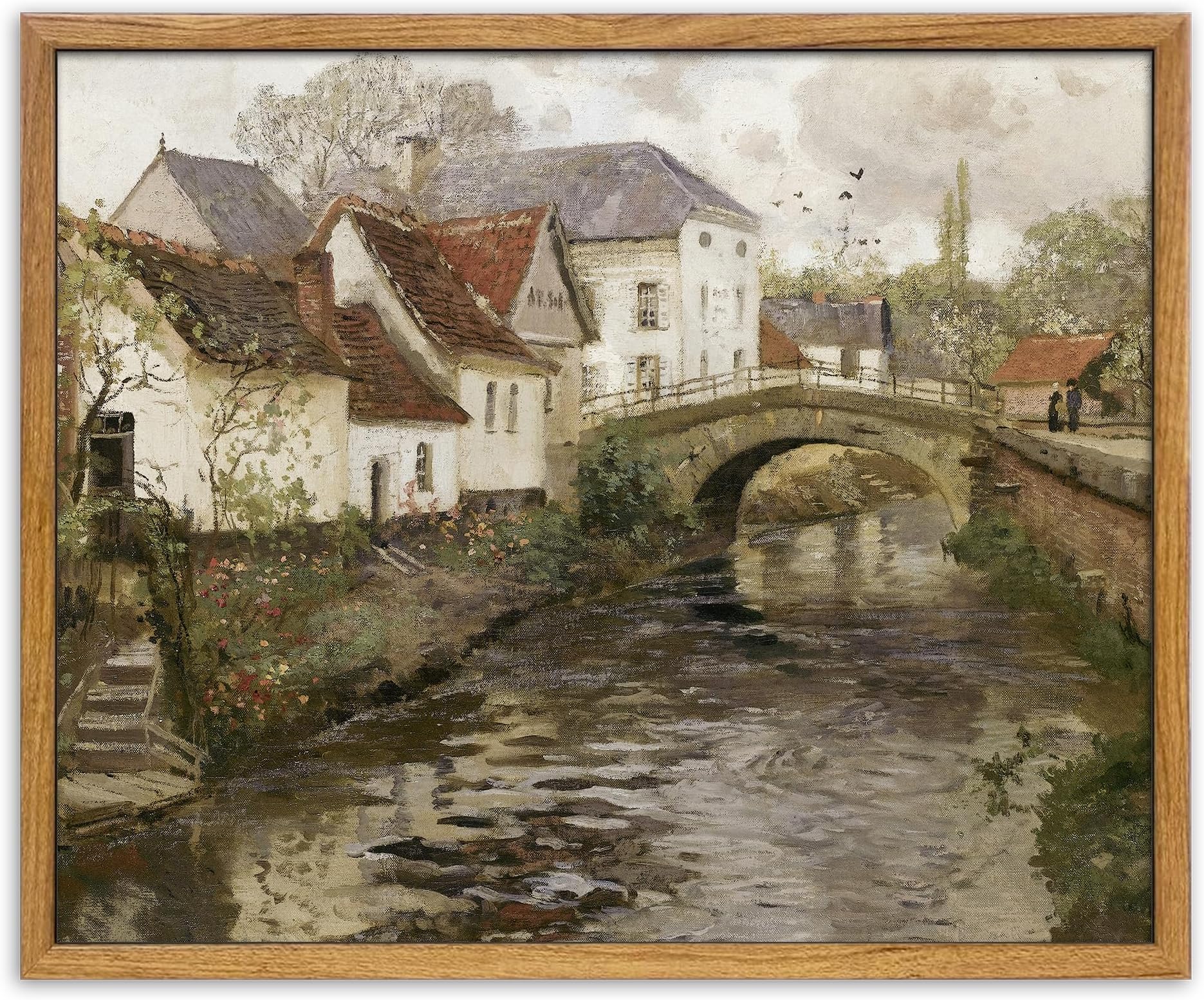UPWOIGH Vintage Framed Wall Art,12x16in Country Oil Painting,Belgian Village Canal Print,European City,Rustic Decor,Antique Painting,Moody Autumn Farmhouse Artwork for Living Room Bedroom Office Gift