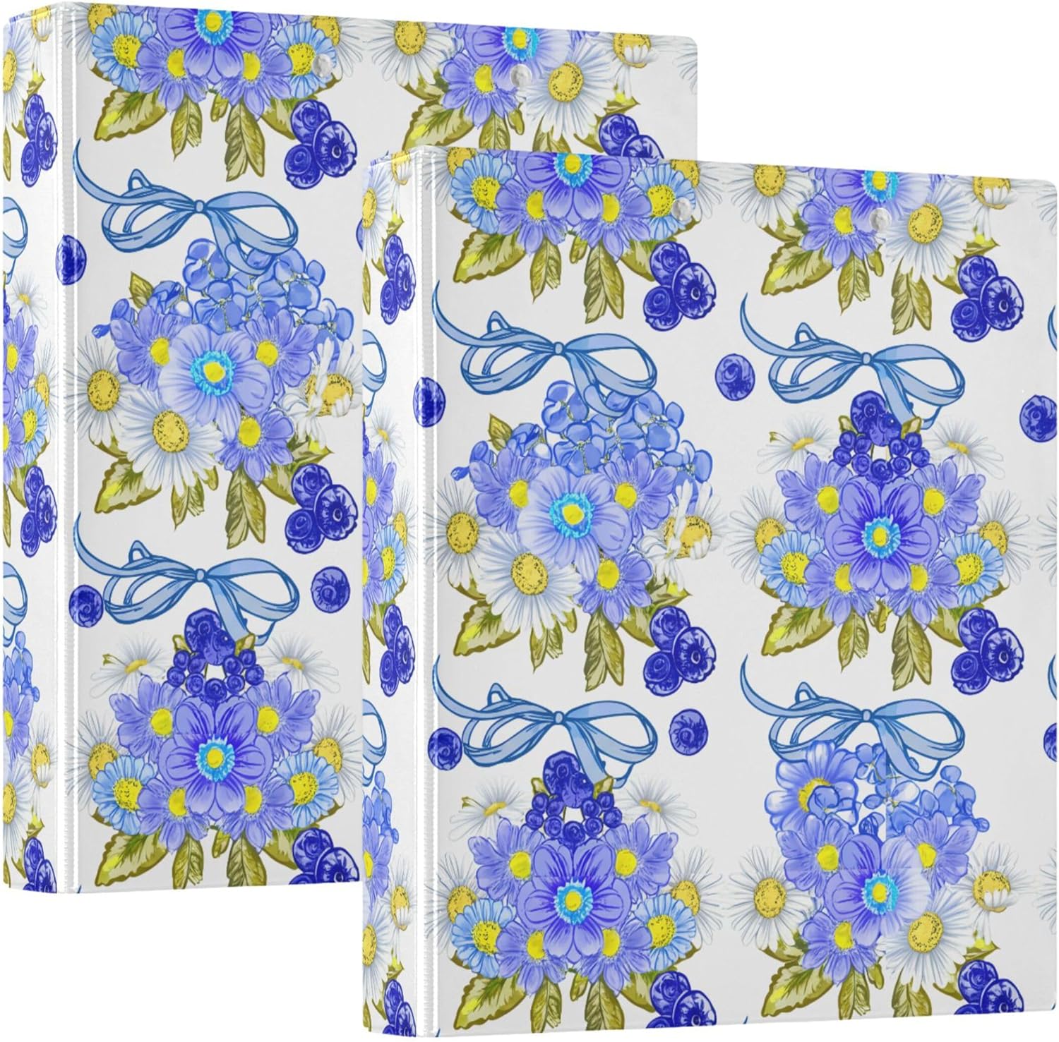 Blue and White Flowers 3 Ring Binders, 1.5” Round Ring Binders with Clipboard - Letter Size, 3 Interior PVC Clear Pockets & Anti-Slip Clip for Office School Supplies, 2PCS