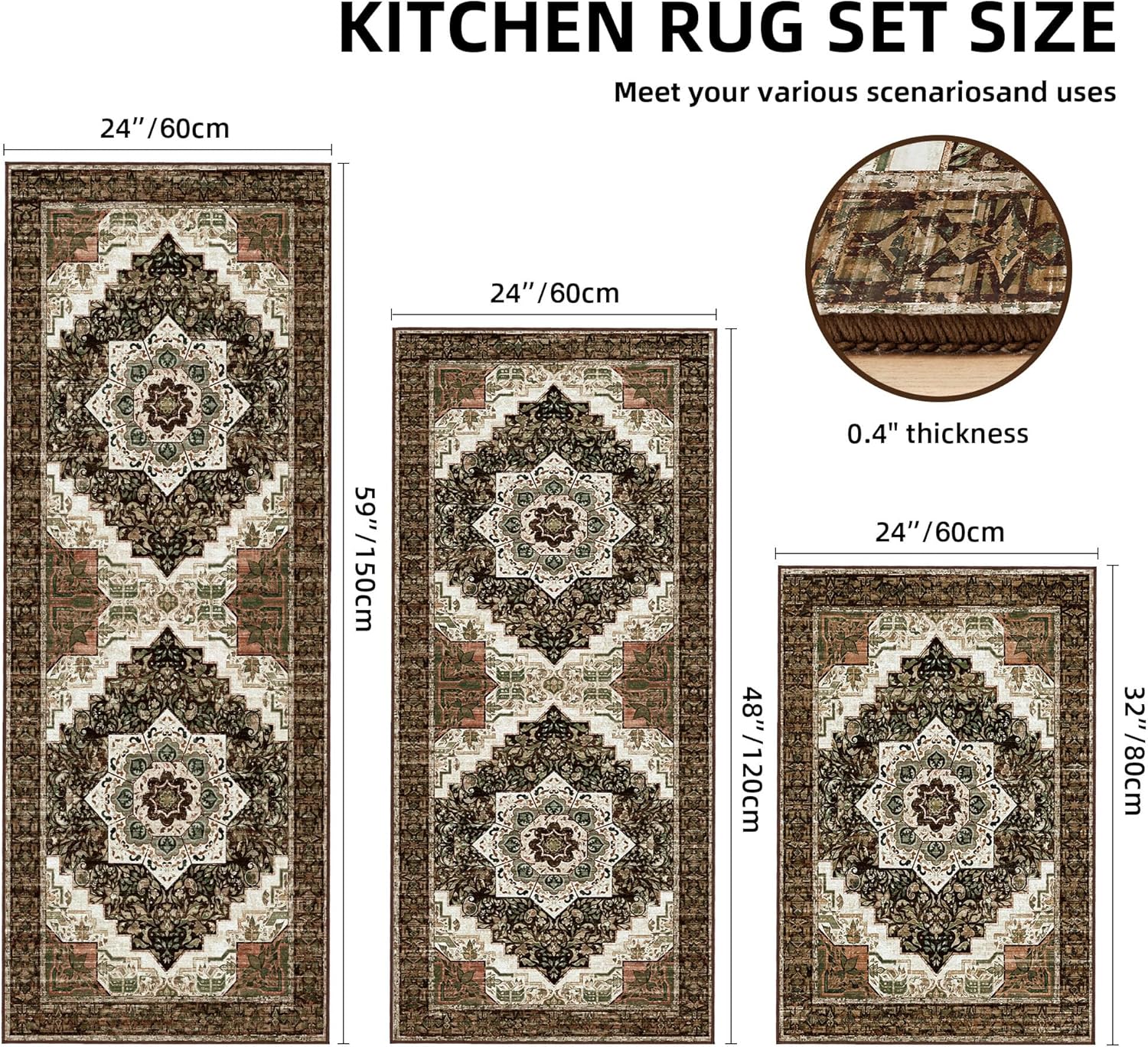 Tritard Non Slip Kitchen Rugs Sets of 3 Washable Boho Kitchen Mats for Floor Vintage Farmhouse Kitchen Rug Soft Runner Rug for Hallway, Laundry Room, Indoor Entryway, 24"x32"+24"x48"+24"x59", Brown