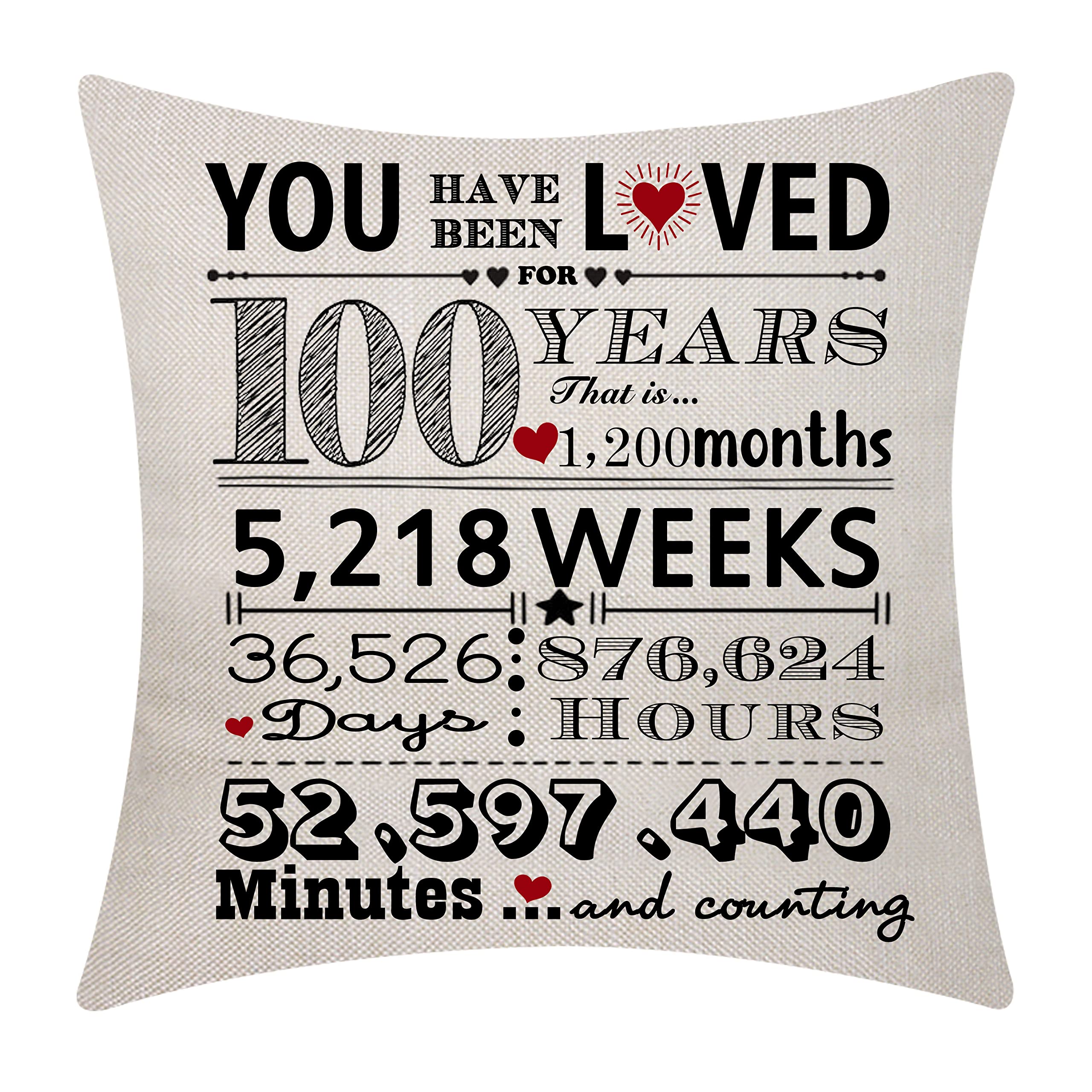 100th Birthday Gifts Birthday Decorations Throw Pillow Cover Presents for 100 Years Old Women Men 100th Wedding Anniversary Century Commemoration Presents(100 Years Loved)