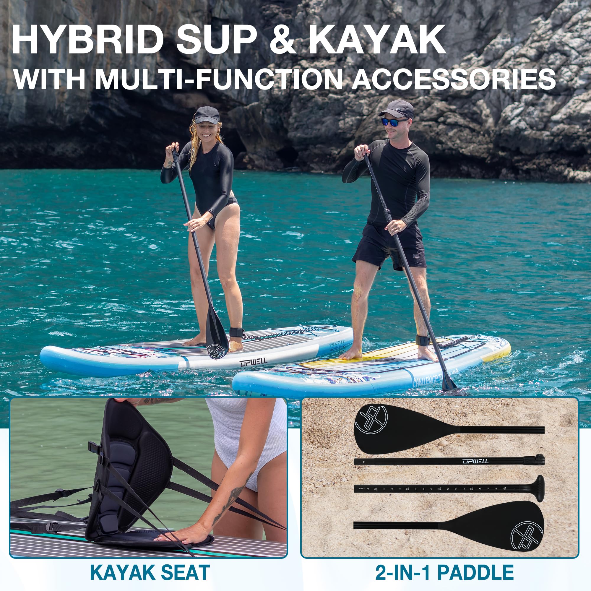 UPWELL Premium Stand Up Paddling Board Aufblasbar, SUP Board Set mit Sitz, 204kg Tragkraft für 2 Personen, Komplettes Zubehör inkl. Verstellbarem Paddel für Anfänger