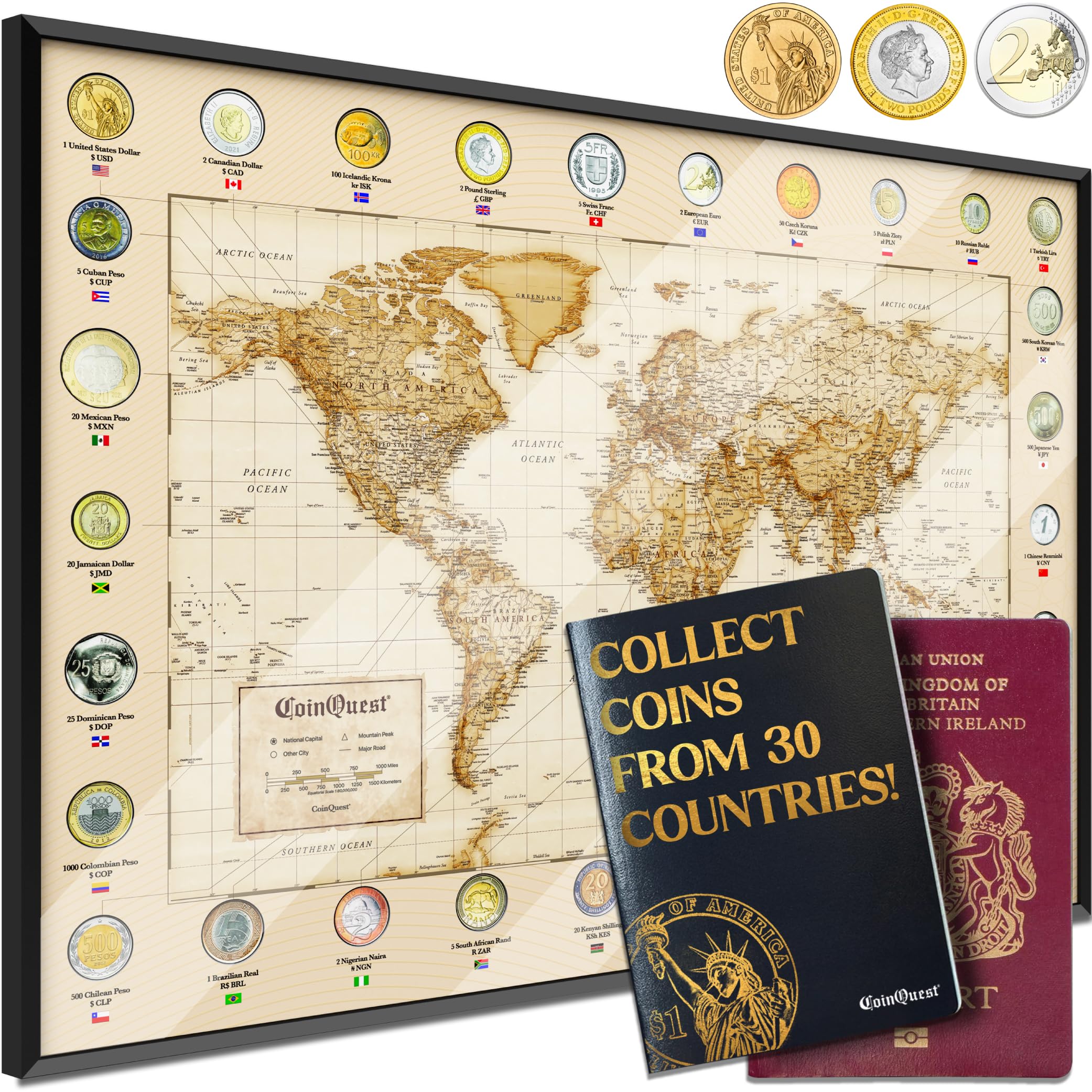 Map Coin Design Wall Map Of The World CoinQuest Framed Coin Map - A2 World Map With 30 ...