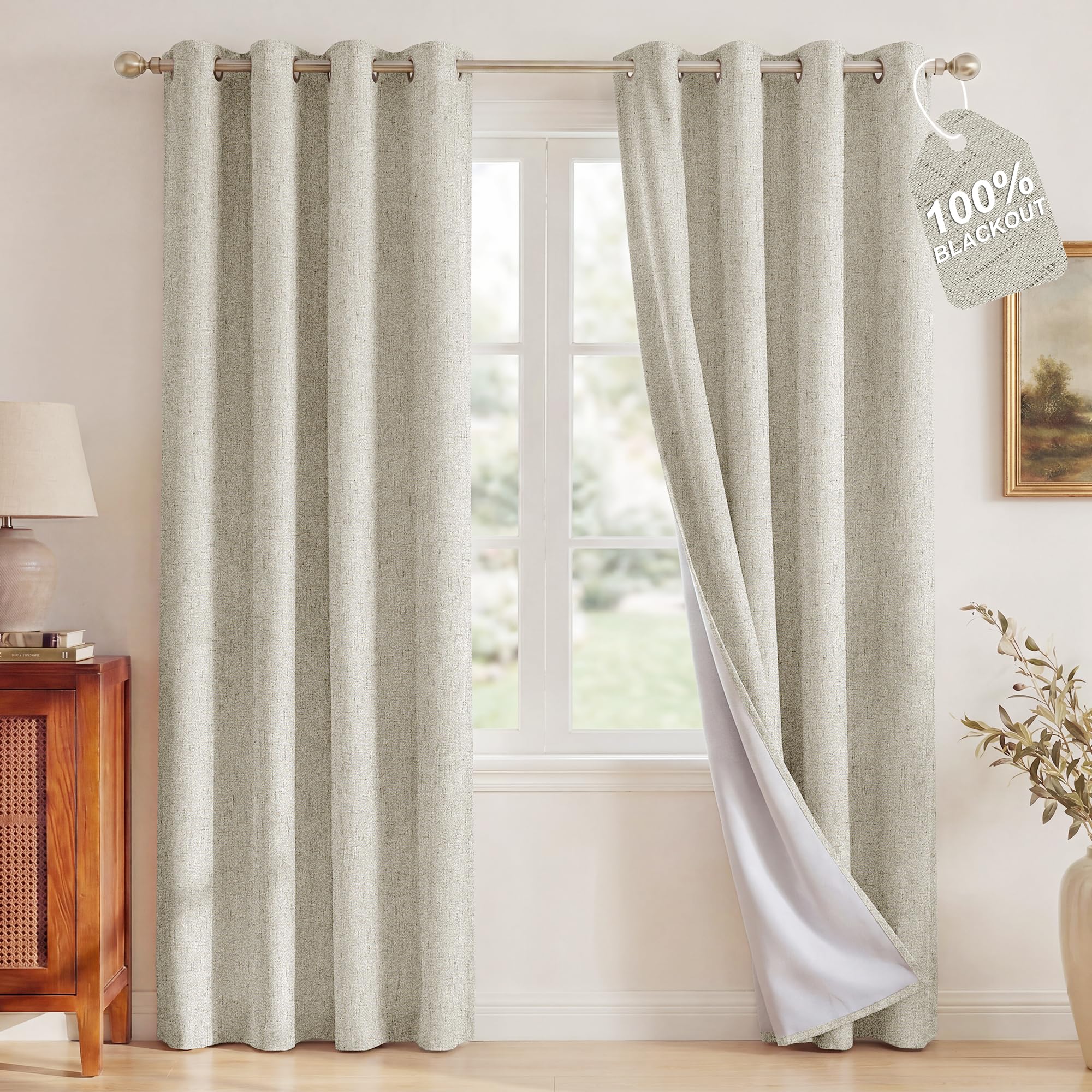 NICETOWN Linen Ivory Blackout Curtains 84 Inches Long, W52xL84, 2 Panels