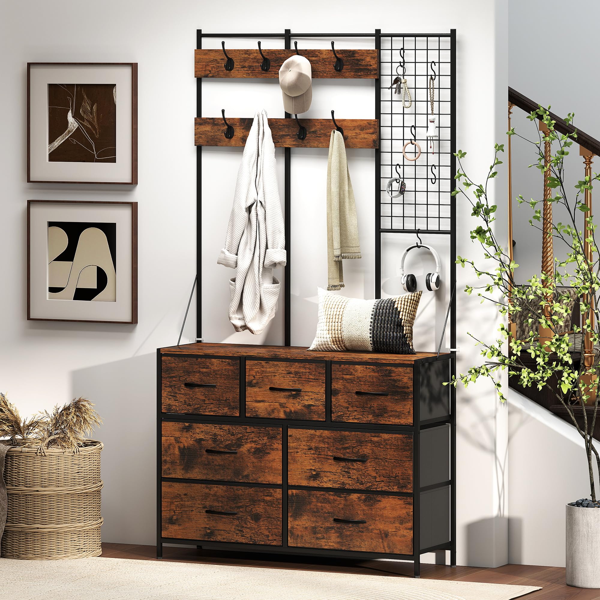 HOMCOM Meuble d'Entrée 4 en 1 Portemanteau Vestiaire Noir Brun Rustique | 7 Tiroirs Pliables en Tissu, 14 Crochets, Style Industriel, pour Couloir Entrée Chambre