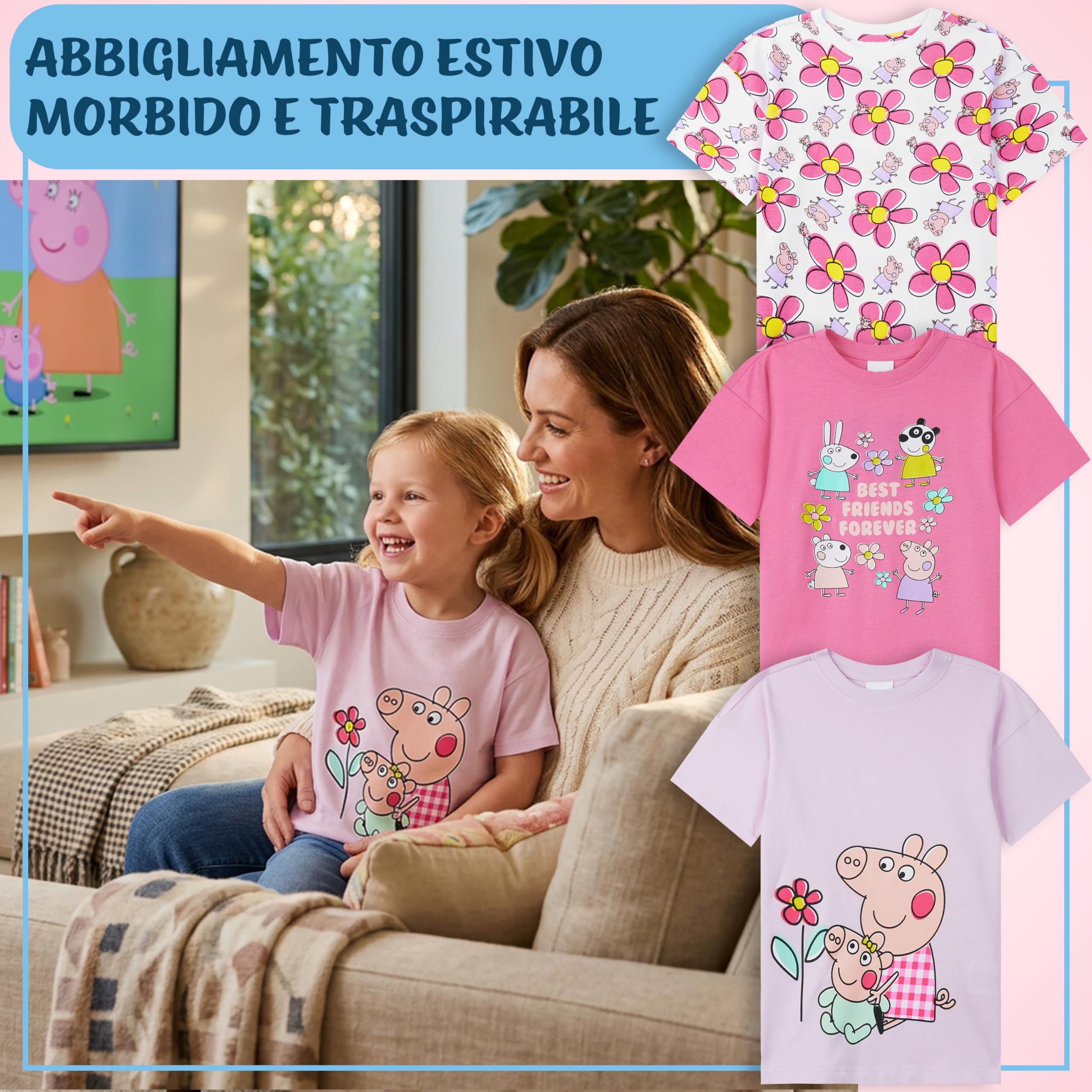 Peppa Pig Magliette Bambina 18 Mesi-5 Anni, Set 3 T-Shirt Cotone Manica Corta, Abbigliamento Bambina Estivo, Idea Regalo Ragazza