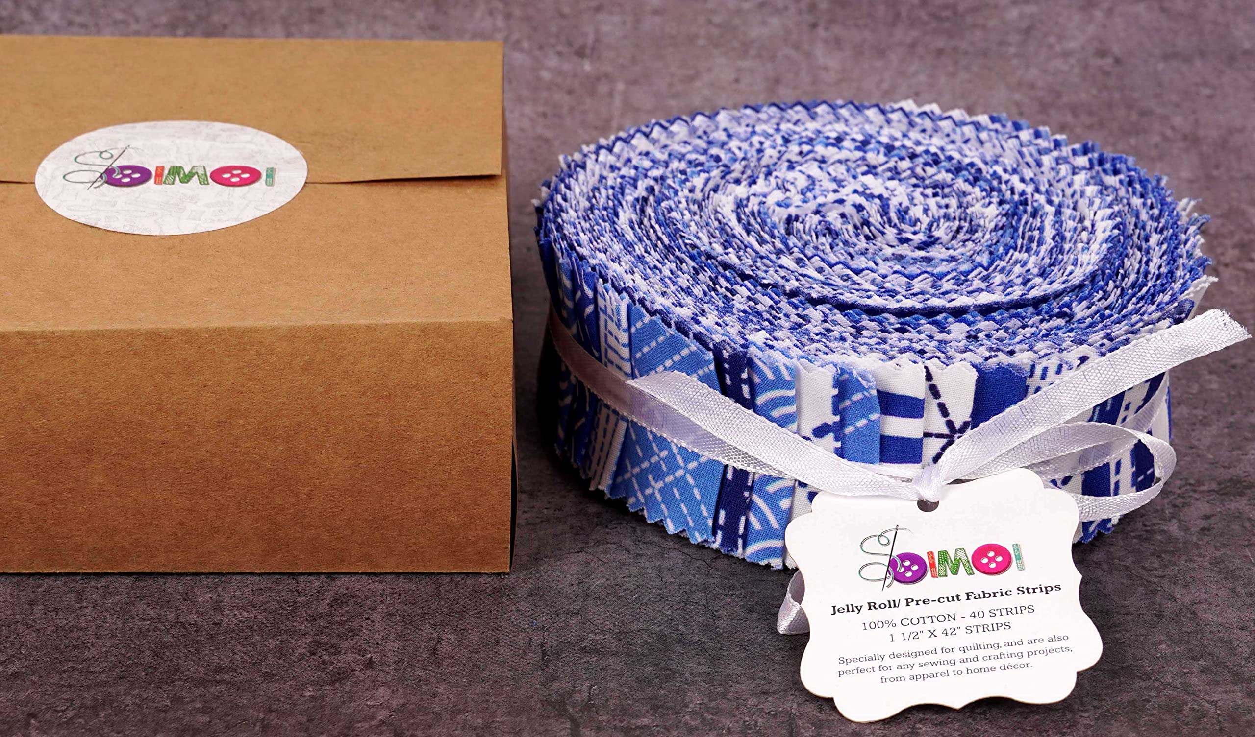 Soimoi 40Pcs Japanese Sashiko Print Precut Fabrics Strips Roll Up 1.5x42inches Cotton Jelly Rolls for Quilting - Medium Blue - Image 4