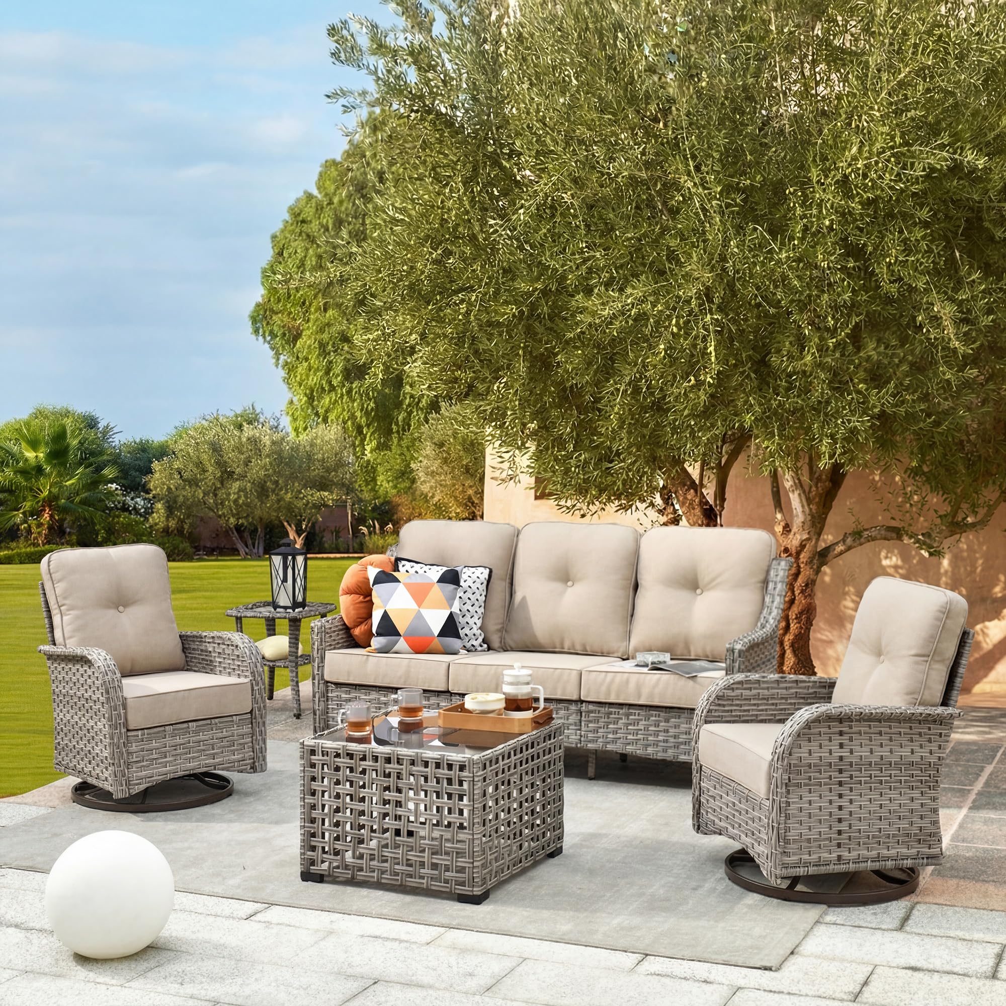 CAODOC Patio Furniture,All Weather Wicker 5 PCS Outdoor Sofa with High Back Swivel Rocker Chairs,Conversation Set with Solar Powered Coffee Table,Grey