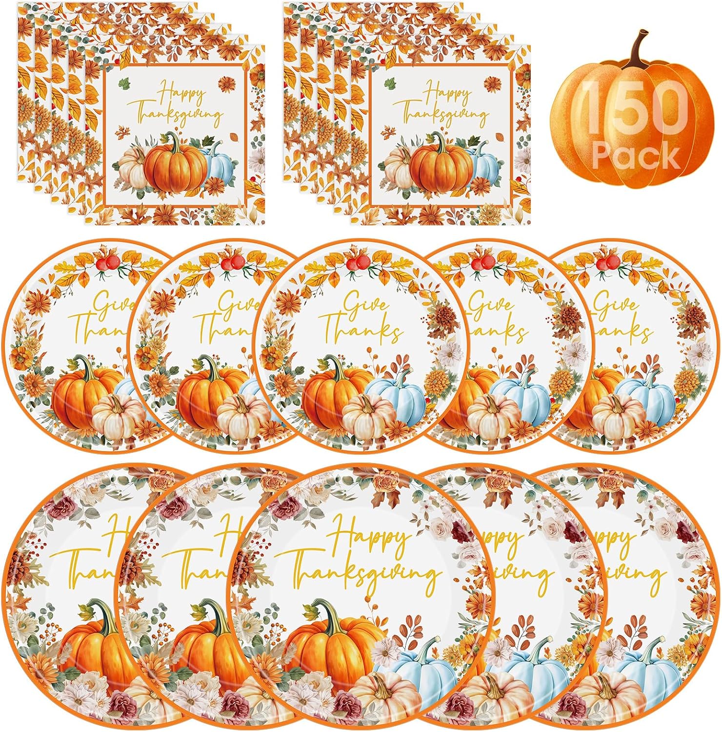 150 Pcs Happy Thanksgiving Plates and Napkins - Disposable Thanksgiving Paper Plates and Napkins, Watercolor Fall Leaf Pumpkin Tableware Set for Thanks Giving Party Decorations Favors, Serve 50