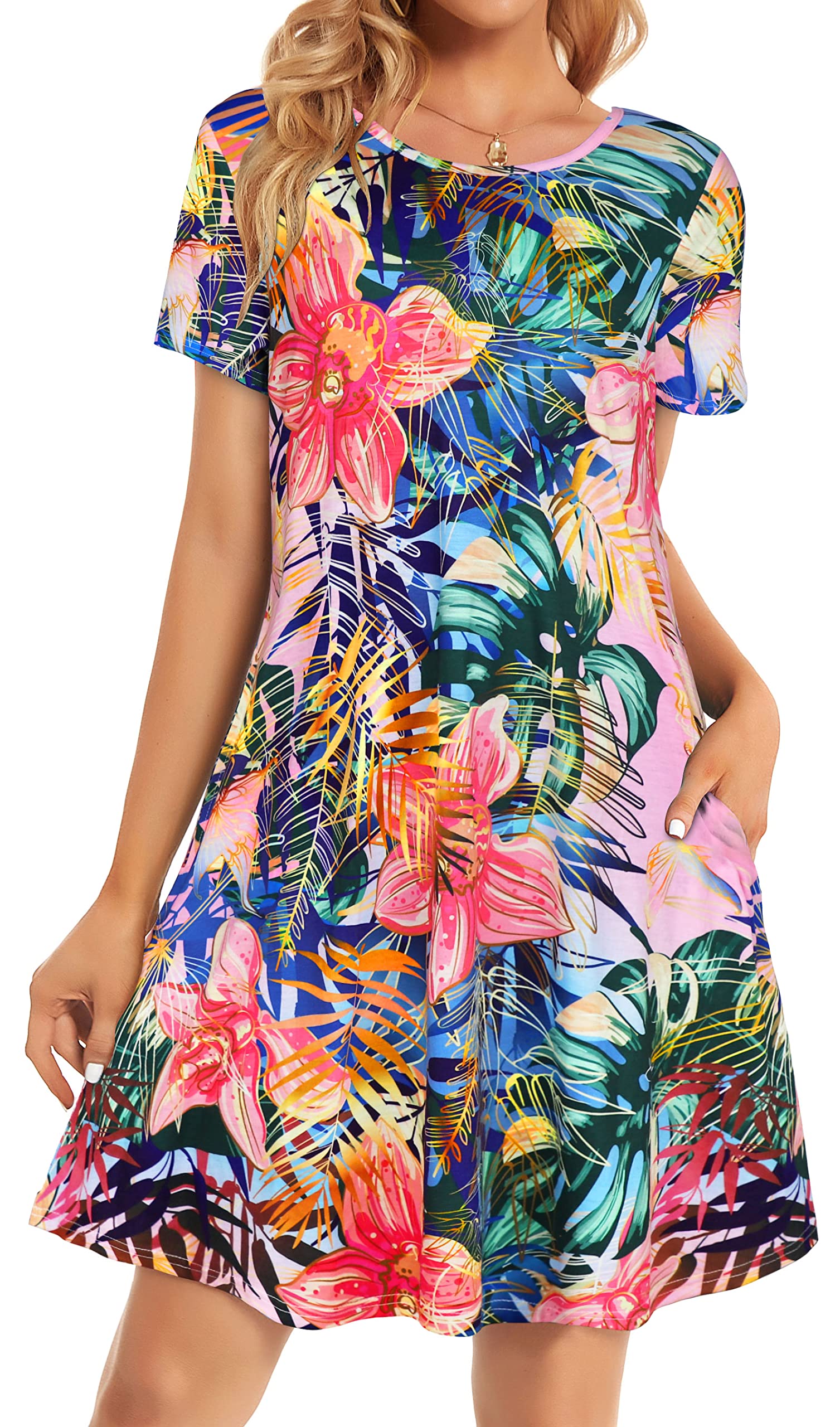 elescat Vestidos de verano para mujer, camiseta floral de playa, sin mangas, bolsillos, casual, holgado, sin mangas, vestido sin mangas