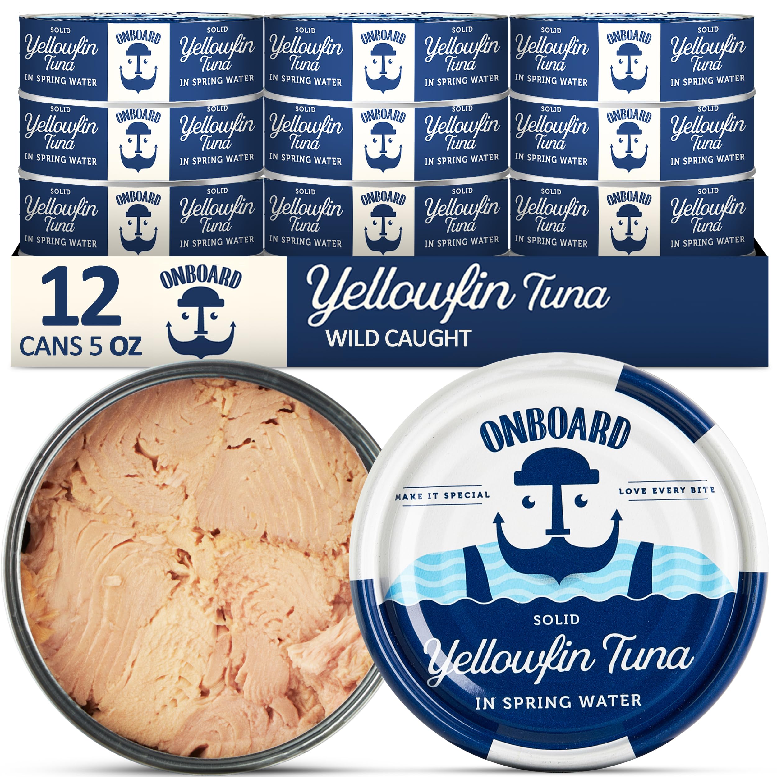 Premium Yellowfin Tuna in Spring Water - 12 Pack Solid Light 5 Oz Cans Sustainably Wild Caught Canned Tuna, Non GMO, Gluten Free, Tinned Fish 24g Protein – Ingredient Rich Tuna for Salad and Recipes