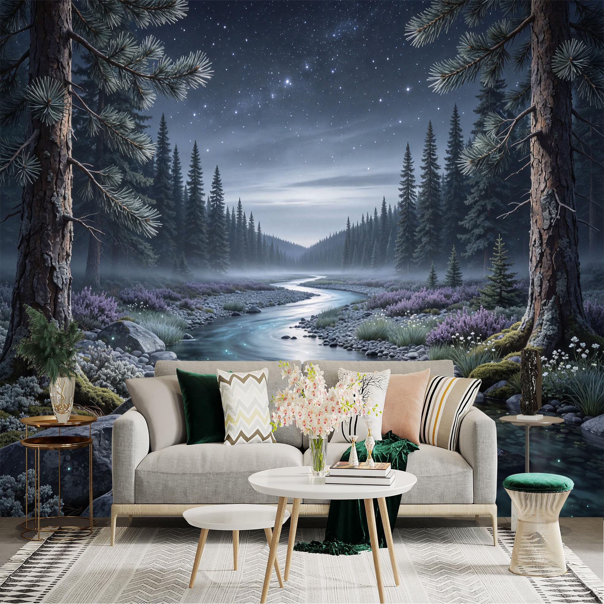Lnzczhyre Bh260719107 Custom Size Wall Sticker Mural， Enchanted River， Mystical Forest， Sparkling Water， Nighttime Landscape， For Wall Decoration， Peelandstick Wall Decals.