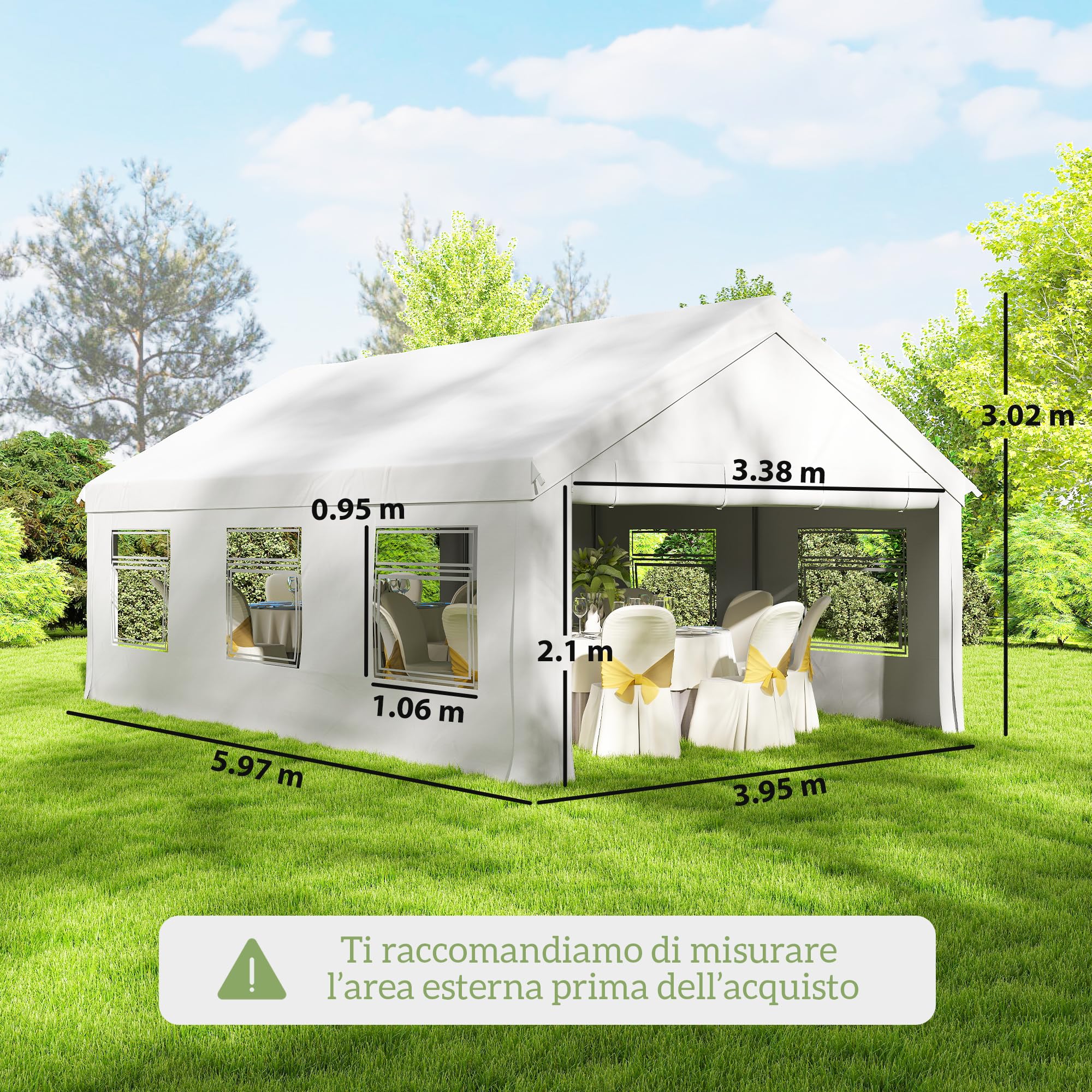 Outsunny Tendone per Feste 4x6 m con Pareti Laterali, Gazebo da Giardino in Acciaio Zincato a Caldo con 2 Porte a Cerniera, 6 Finestre, Corde, Gazebo da Esterno per Matrimoni Eventi, UV30+, Bianco