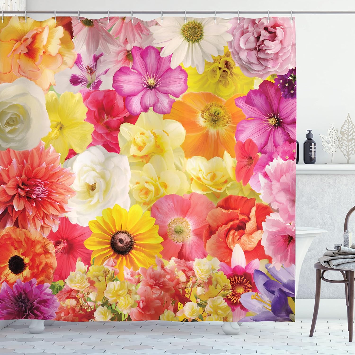 Ambesonne Flower Shower Curtain, Colorful Flowers of Dahlia in The Botanical Garden with Cheering Happiness on a Sunny Day Art, Cloth Fabric Bathroom Decor Set with Hooks, 69" W x 84" L, Dark Pink