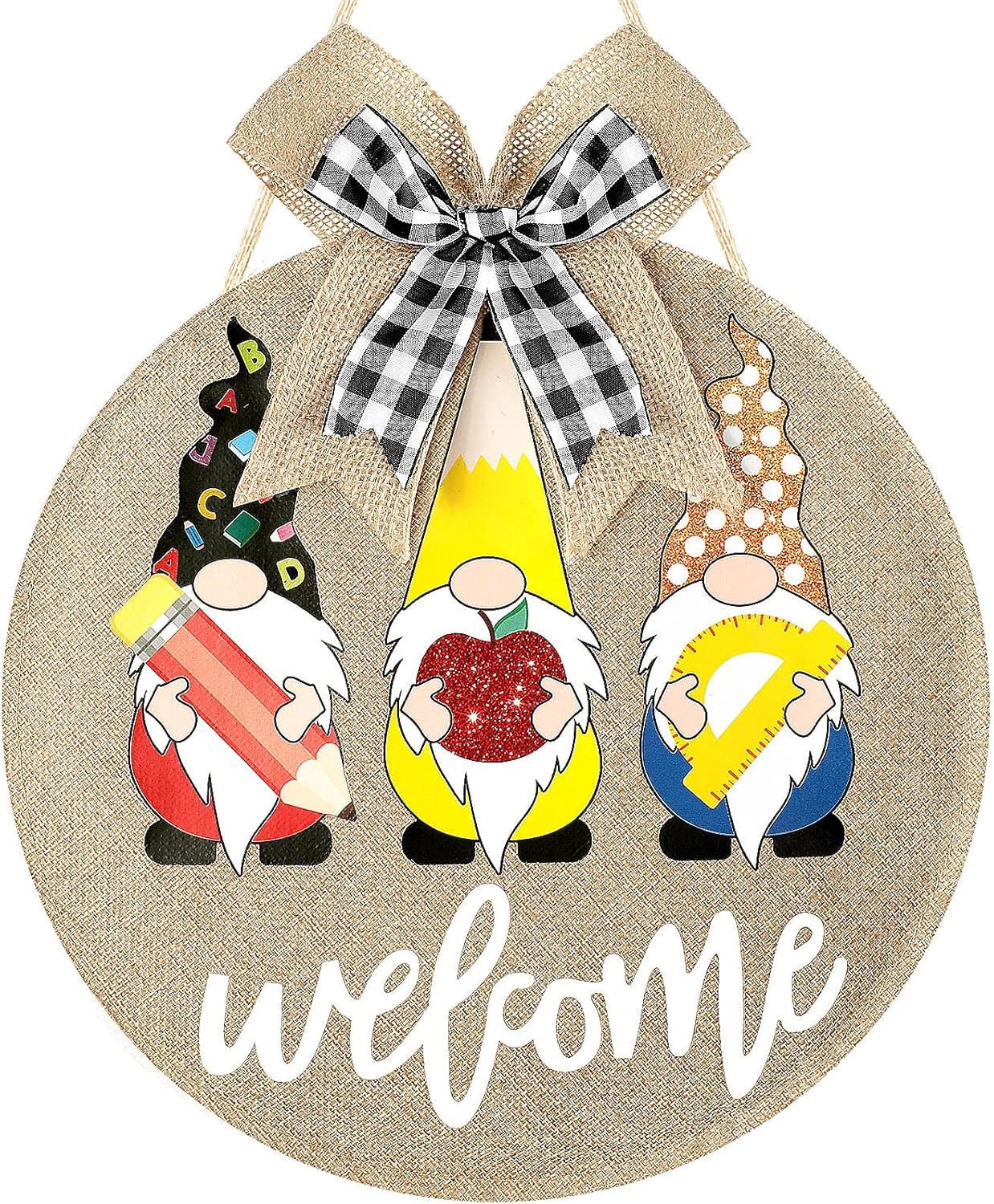 Jetec Welcome Sign Gnome Welcome Front Door Hanger Burlap Gnome Sign Hanging Wall Porch Teacher Appreciation Swedish Gnomes School First Day Decoration for School Yard Outdoor Decoration