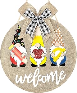 Jetec Welcome Sign Gnome Welcome Front Door Hanger Burlap Gnome Sign Hanging Wall Porch Teacher Appreciation Swedish Gnomes School First Day Decoration for School Yard Outdoor Decoration