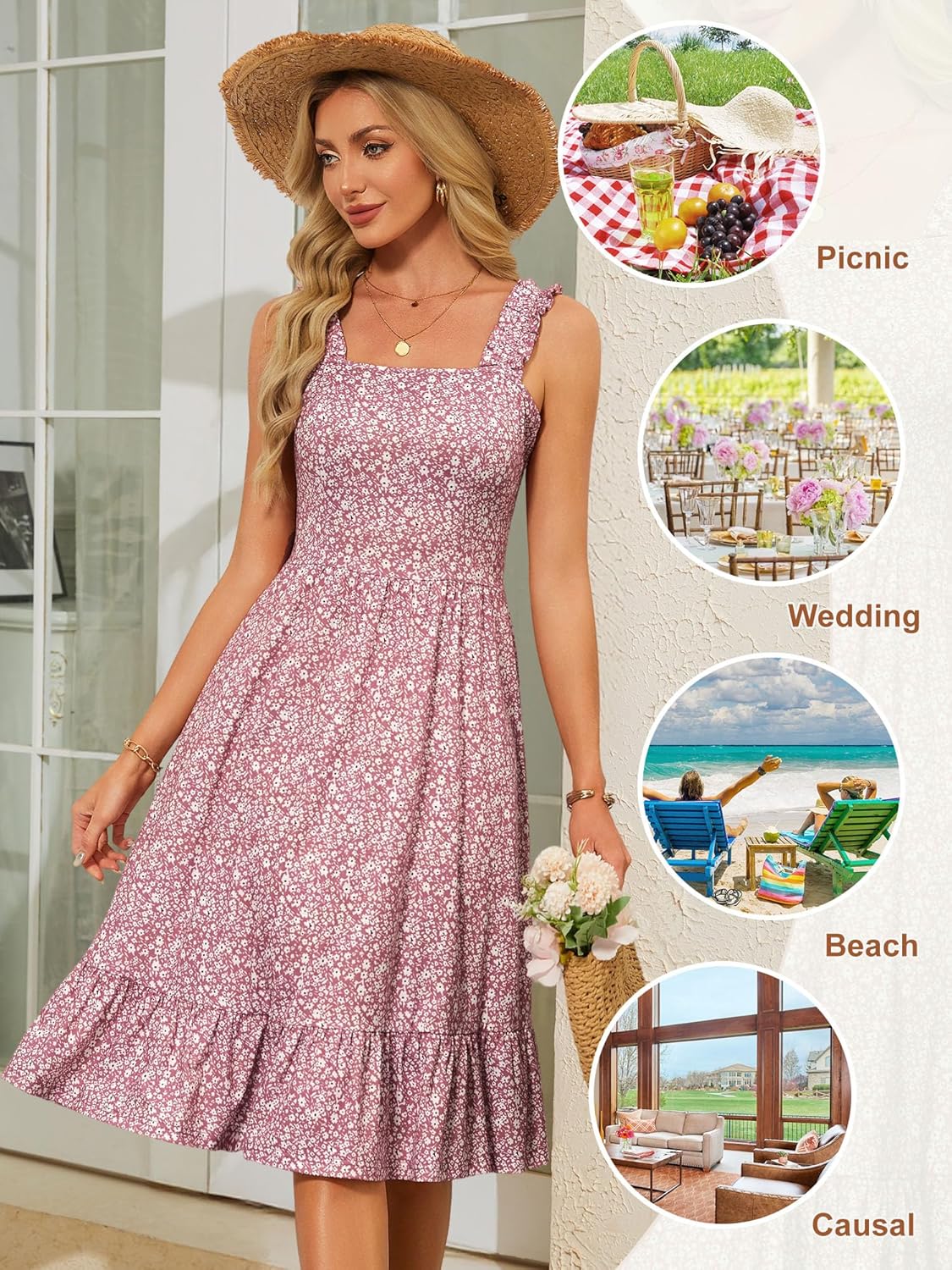 ZABERRY Womens Summer Midi Dress 2026 Elastic Straps Square Neck Cute Floral Flowy A-line Sundresses for Women - Image 5