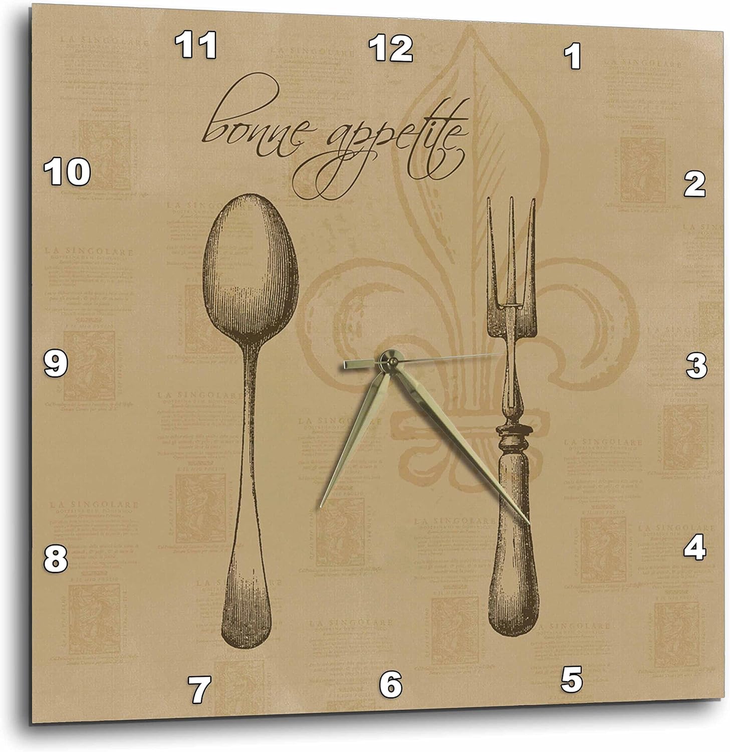3dRose DPP_110273_1 Fleur De Lis Bonne Appetite Fork and Spoon Vintage Kitchen Art-Wall Clock, 10 by 10-Inch