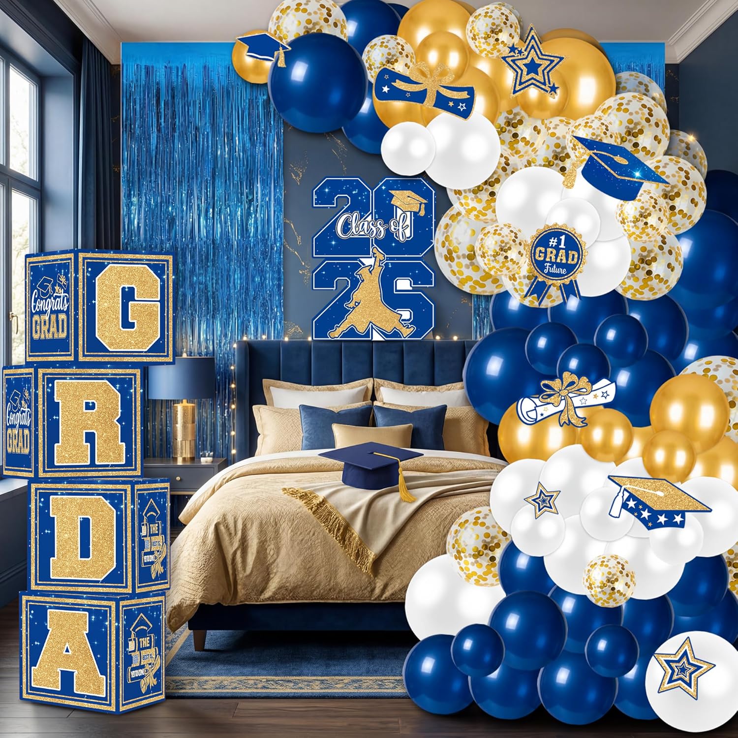 2026 Graduation Decorations Set, Blue and Gold GRAD Party Boxes with Balloon Garland Arch, All-in-One Photo Props Backdrop for 2026 Graduation, Bed Party Decorations College