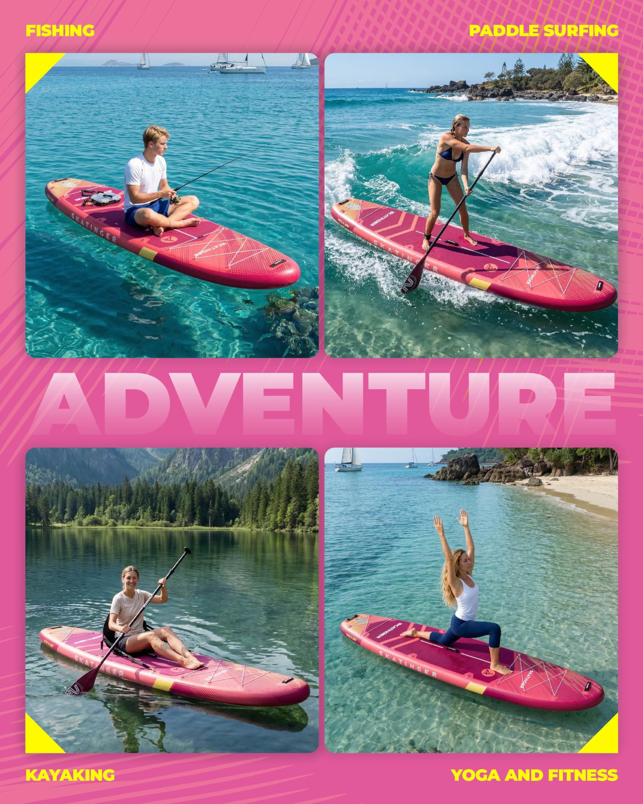 Skatinger Tavole gonfiabili per stand up paddle, 28 x 86 x 15,2 cm, tavola da SUP gonfiabile, tavola da yoga con zaino 1600D, 6 anelli a D extra, tracolla, pinna centrale degli Stati Uniti, pompa a 2