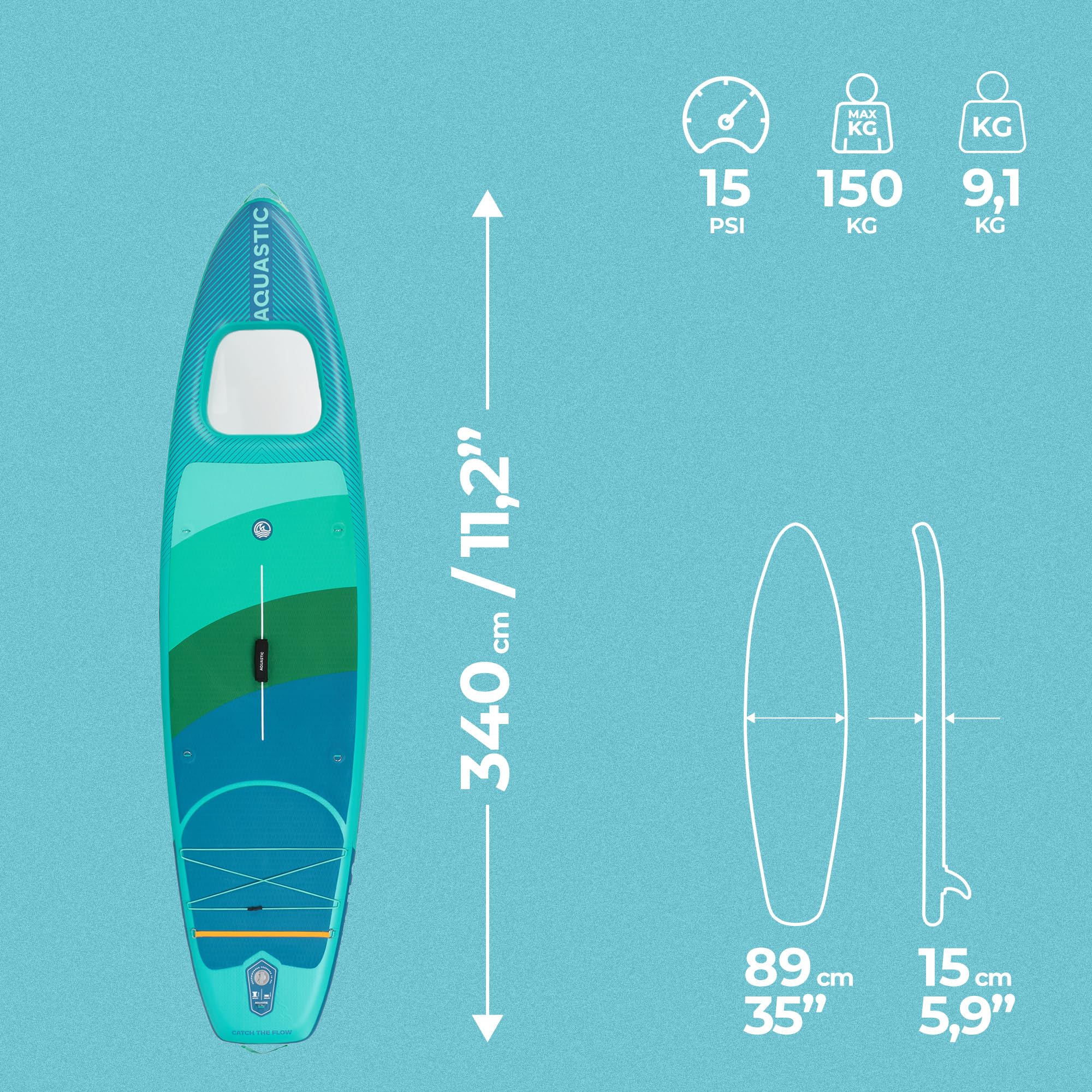 AQUASTIC Vista nadmuchiwana deska SUP 11'2" | Allround Shape | Drop Stitch Lite | 340 × 89 × 15 cm – 340 l | Maksymalne obciążenie 150 kg | okno podwodne | Slide-In Stand Up Pad