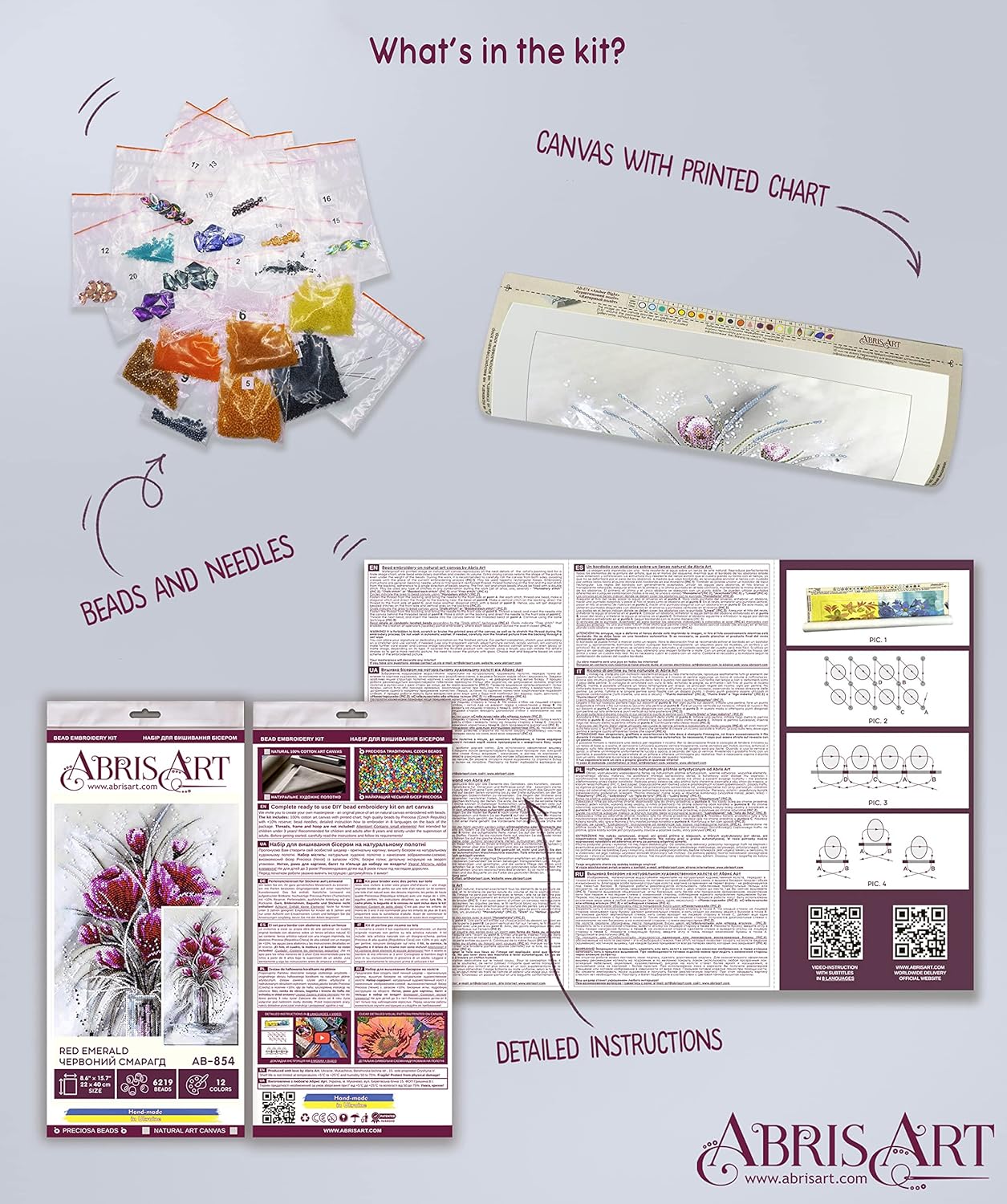 Bead Embroidery Kit Red Emerald. DIY Beadwork Craft Kit for Beginners. Hand Made Beading kit from Abris Art, Ukraine. Stylish needlework set, needlepoint pattern red tulip flower purple decor wall art