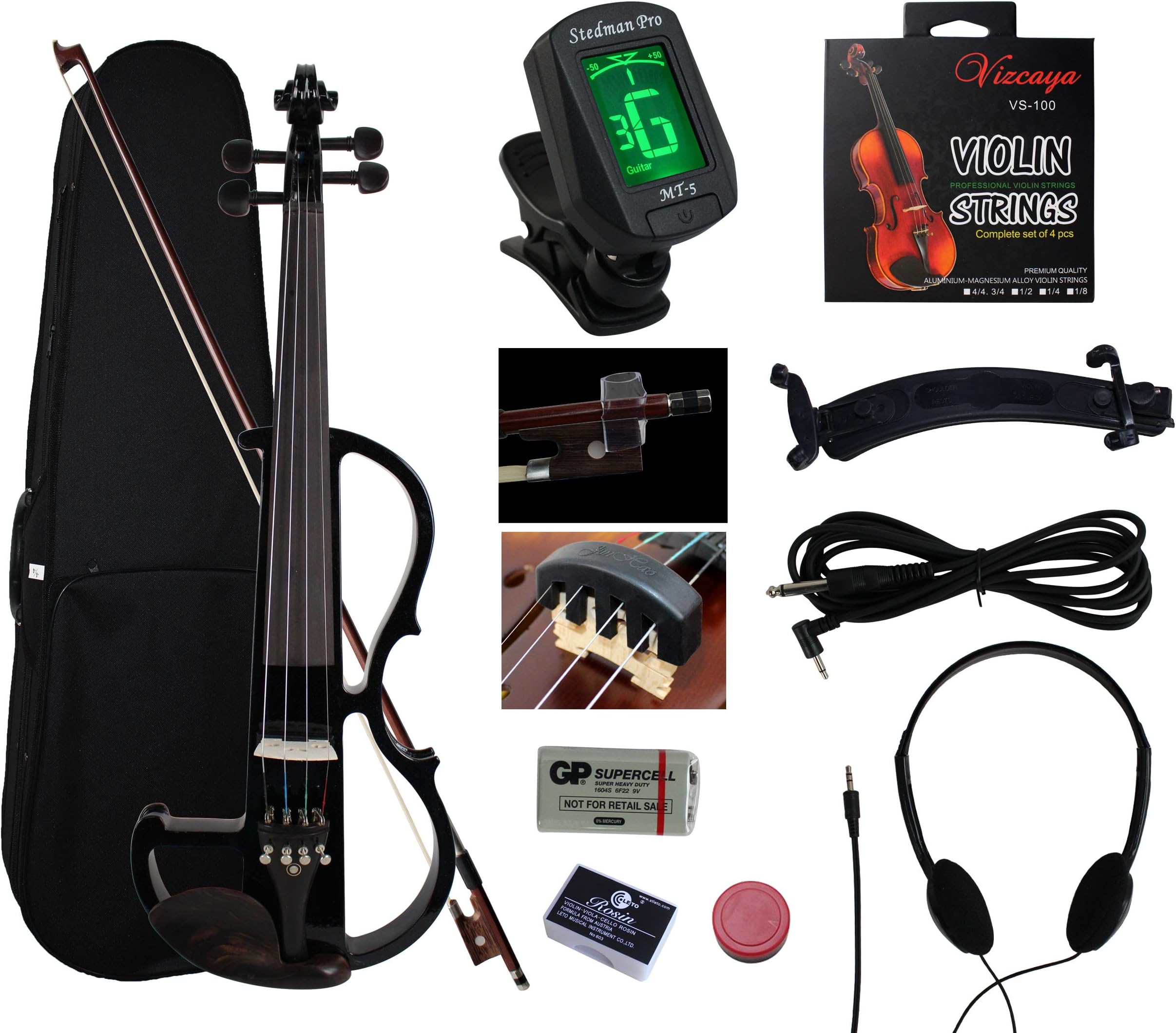 Vizcaya SEV01 Full-Size 4/4 Solid Wood Electric/Silent Violin with Ebony Fittings Complete Kit (Hard Case,Bow,E-Tuner,Headphones,Shoulder Rest,Violin Hanger,Mute,Pinkinest,Extra Strings,Rosin)-Black