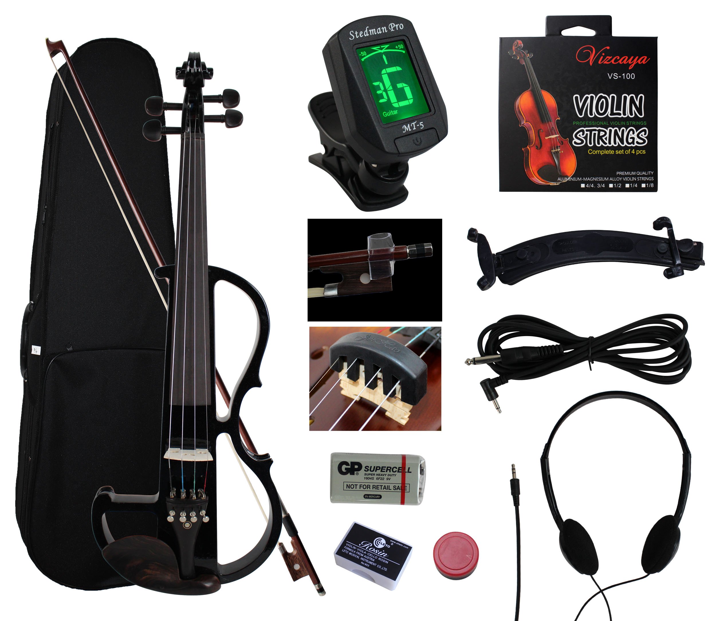 Vizcaya SEV01 Full-Size 4/4 Solid Wood Electric/Silent Violin with Ebony Fittings Complete Kit (Hard Case,Bow,E-Tuner,Headphones,Shoulder Rest,Violin Hanger,Mute,Pinkinest,Extra Strings,Rosin)-Black