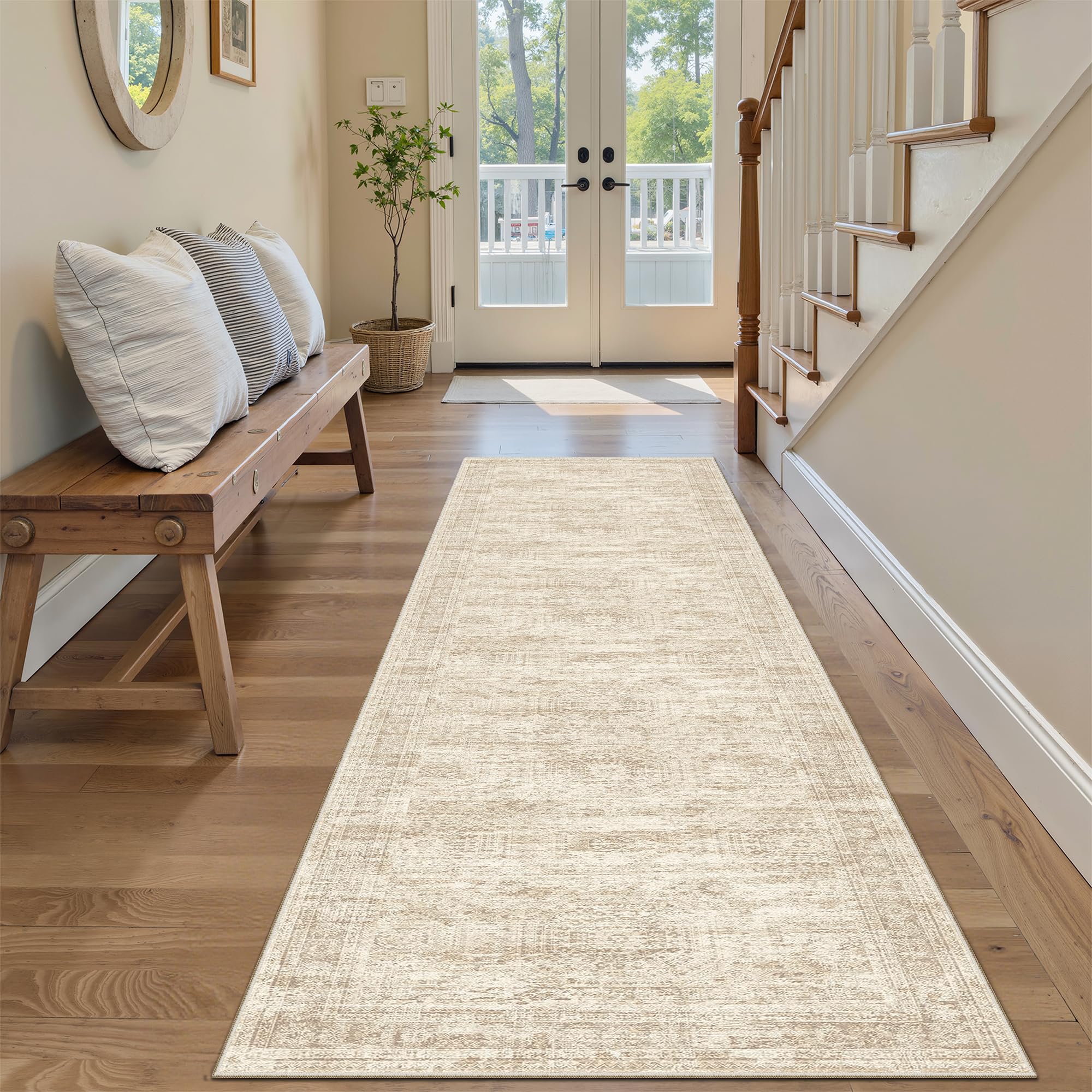 Photo 1 of Soalmost Runner Rug 2'x6' Washable Non-Slip Runner Rugs for Kitchen Bathroom Laundry Room Beige Vintage Floor Carpet Runners for Hallway Entryway