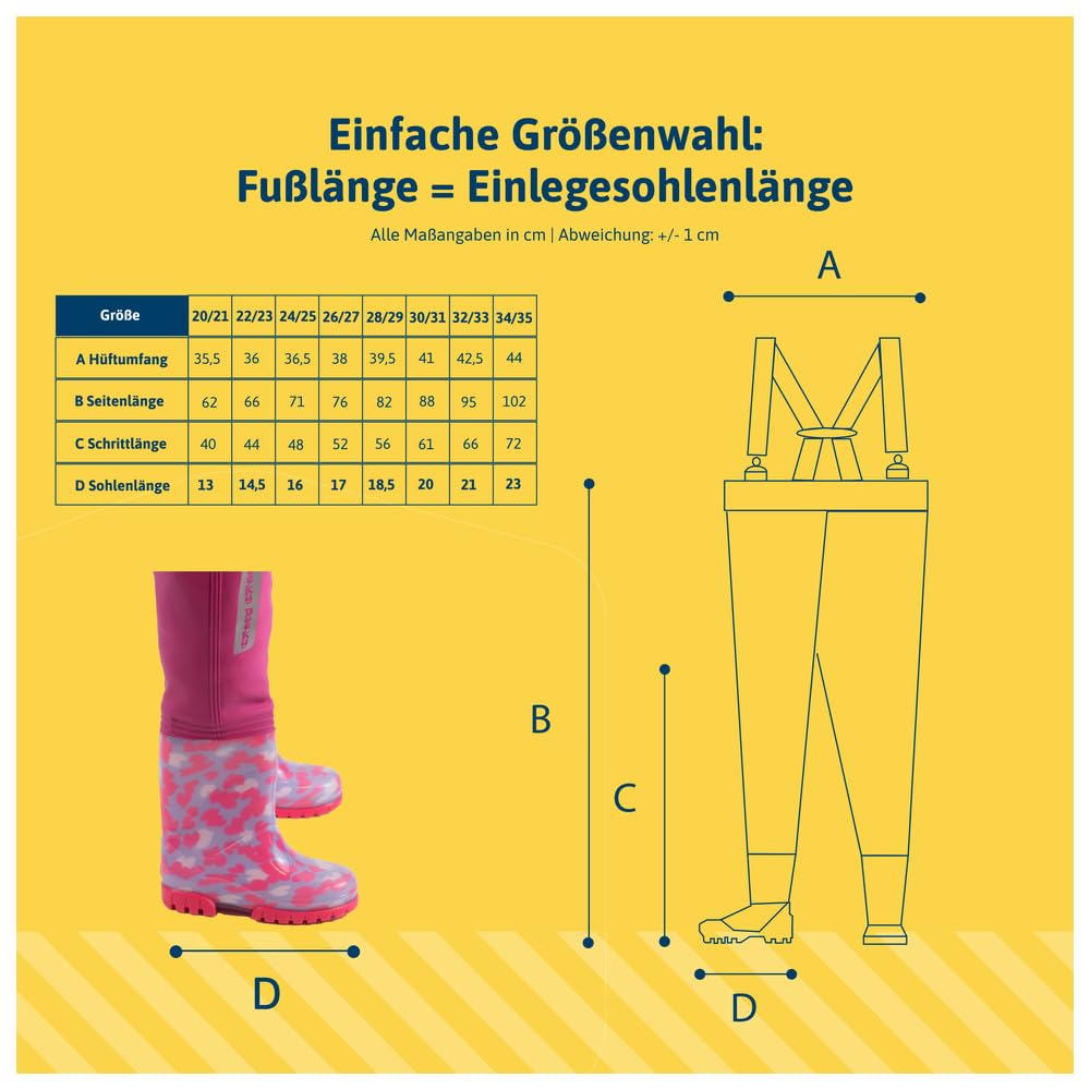 Dönges Kinder-Wathose, wasserdichte Regenhose für Jungs und Mädchen, ungefüttert mit Watstiefeln und Verstellbaren Hosenträgern, Größe 34/35 Rosa, Outdoor Buddelhose für Regen, Matschhose