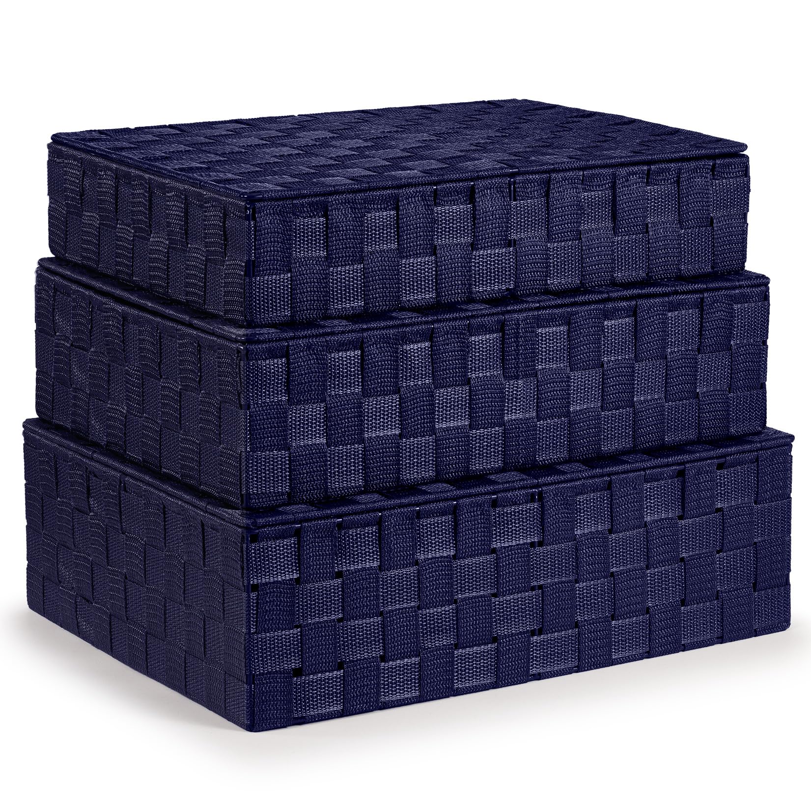 Ehc Navy Blue With Lid Storage Boxes With Lid Set Of 3, Storage Baskets For Shelves Woven, Storage Organiser Hamper Baskets, Navy Blue