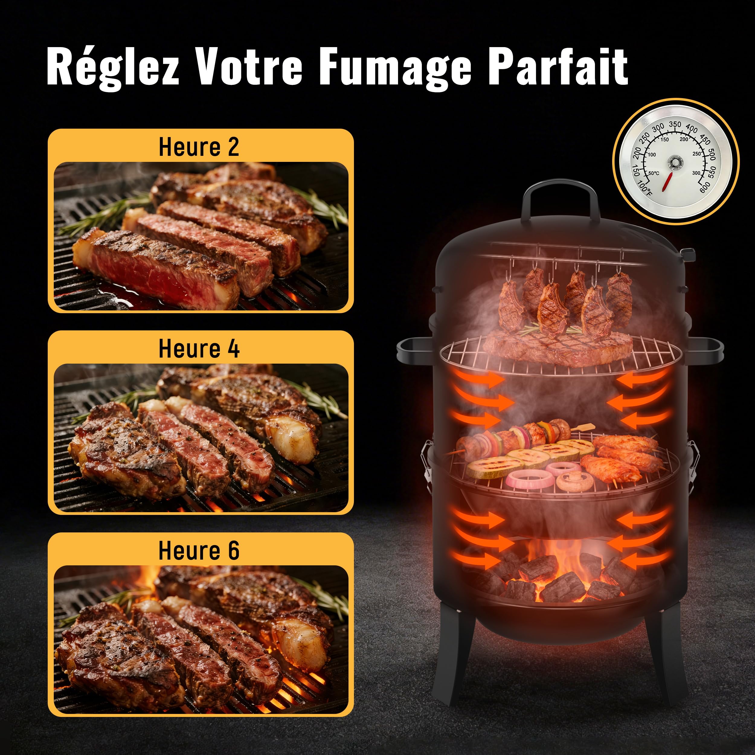 Barbecue Fumoir 3 en 1, Smoker Fumoir au Charbon pour Fumoir Viande et Poisson, Version A Froid avec Thermomètre et Évacuation d'Air Réglable, Barbecue charbon 2 Grilles Inox
