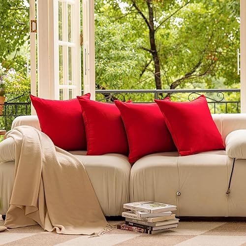 Miniatura 6 de Demetex Juego de 4 fundas de almohada rojas para exteriores, impermeables, de 20 x 20 pulgadas, de lino, decorativas, para sala de estar, patio