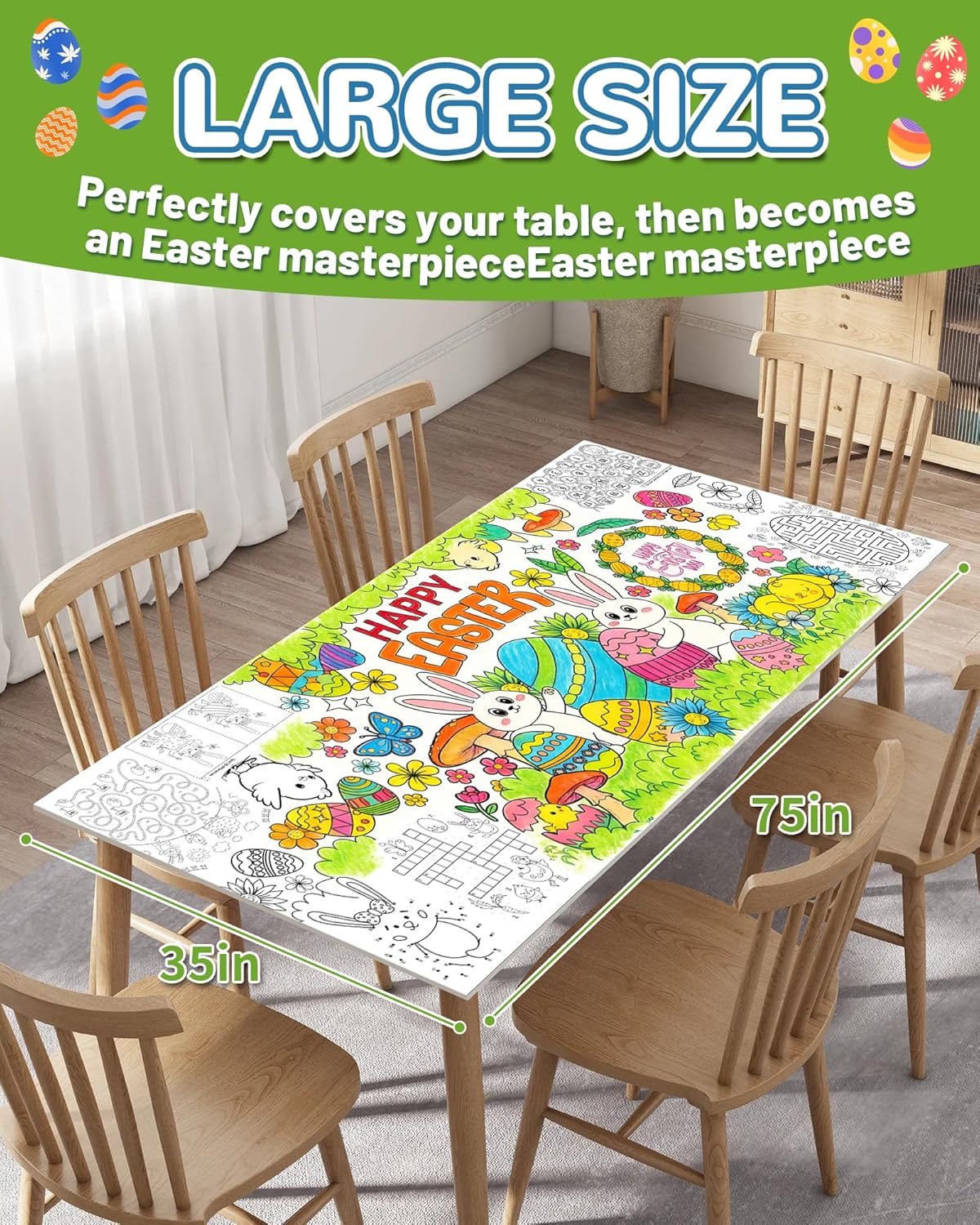 ATFUNSHOP Easter Giant Coloring Tablecloth 35" x 75" - Easter Crafts for Kids, Jumbo Paper Banner & Poster, Coloring Games & Party Activities - DIY Decorations & Gifts Games & Festive Decor