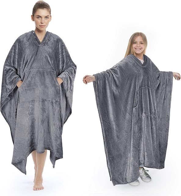 Catalonia Classy Poncho Blanket Comfy Plush Fleece Wearable Blanket for Adult Women Men Kids Throw Wrap Cover Home or Outdoors, 200 x 140 cm Grey