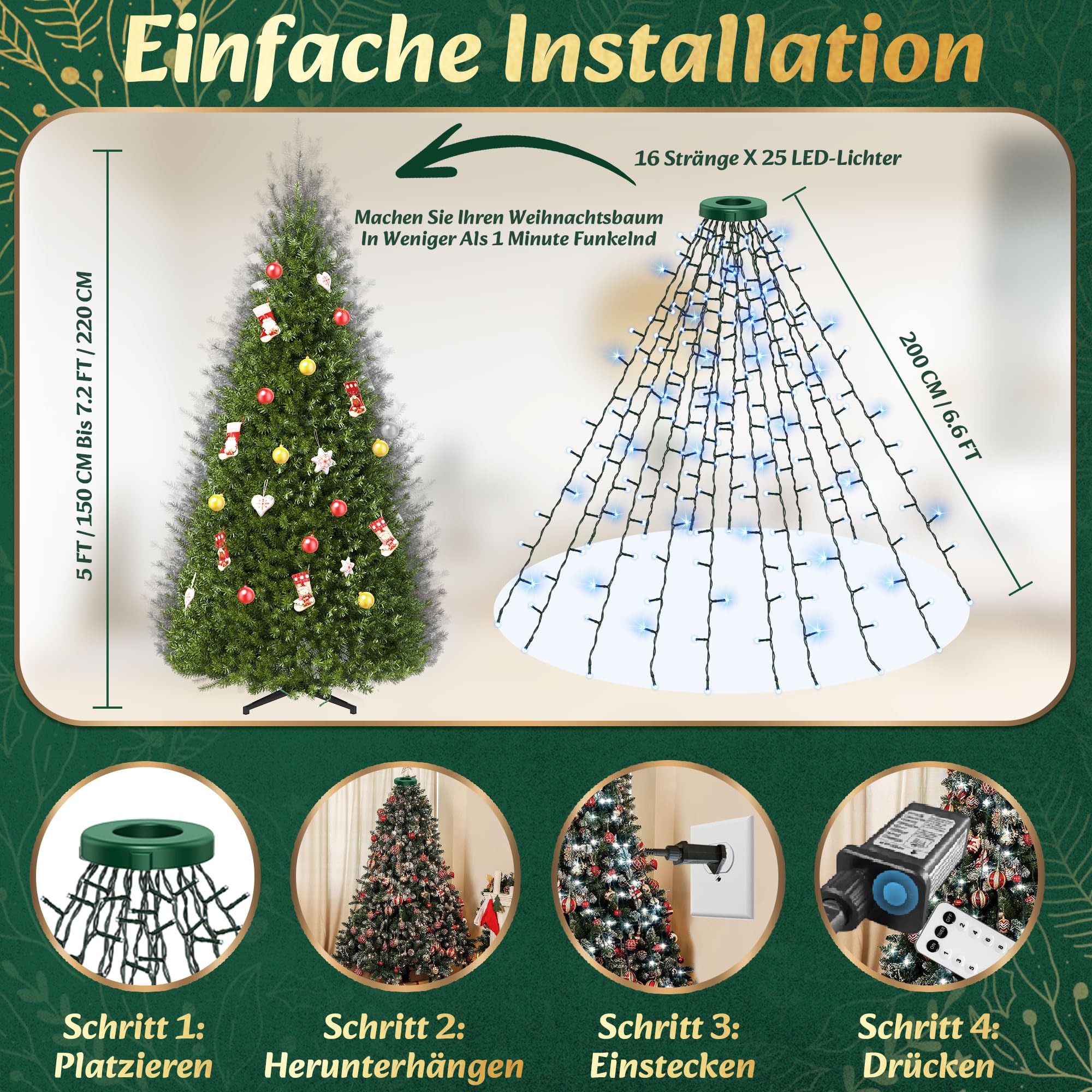 Lichterkette Weihnachtsbaum mit Ring Weiß 400er LED Christbaumbeleuchtung mit 16 Stränge 2m Tannenbaum Lichterketten Weihnachtsbeleuchtung Lichternetz für 110cm-240cm, Weihnachten und Partys