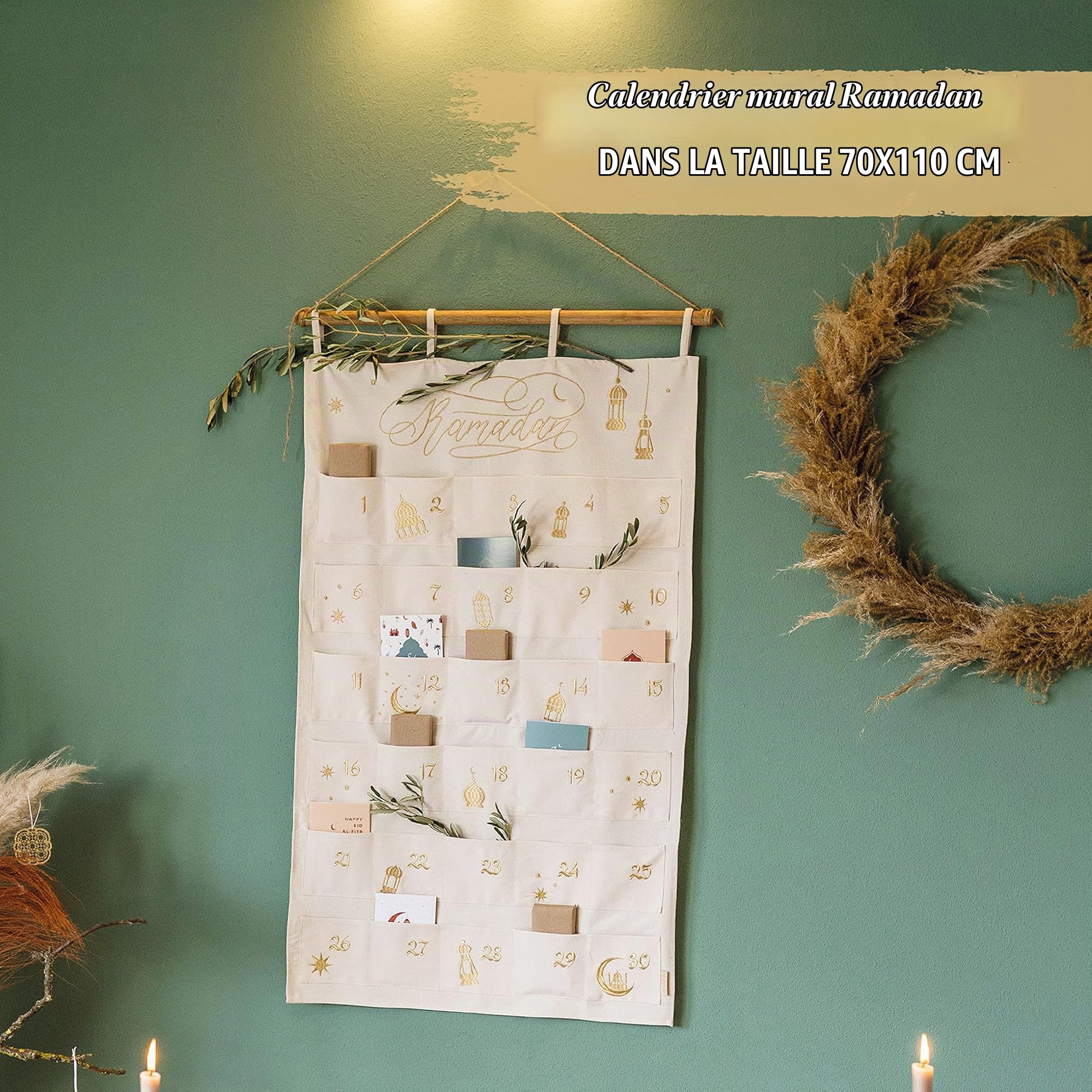Papierdrachen Calendrier du Ramadan 2023 comme calendrier mural en tissu à remplir - beige & or - brodé de haute qualité - sac en tissu - coton - réutilisable - set 3
