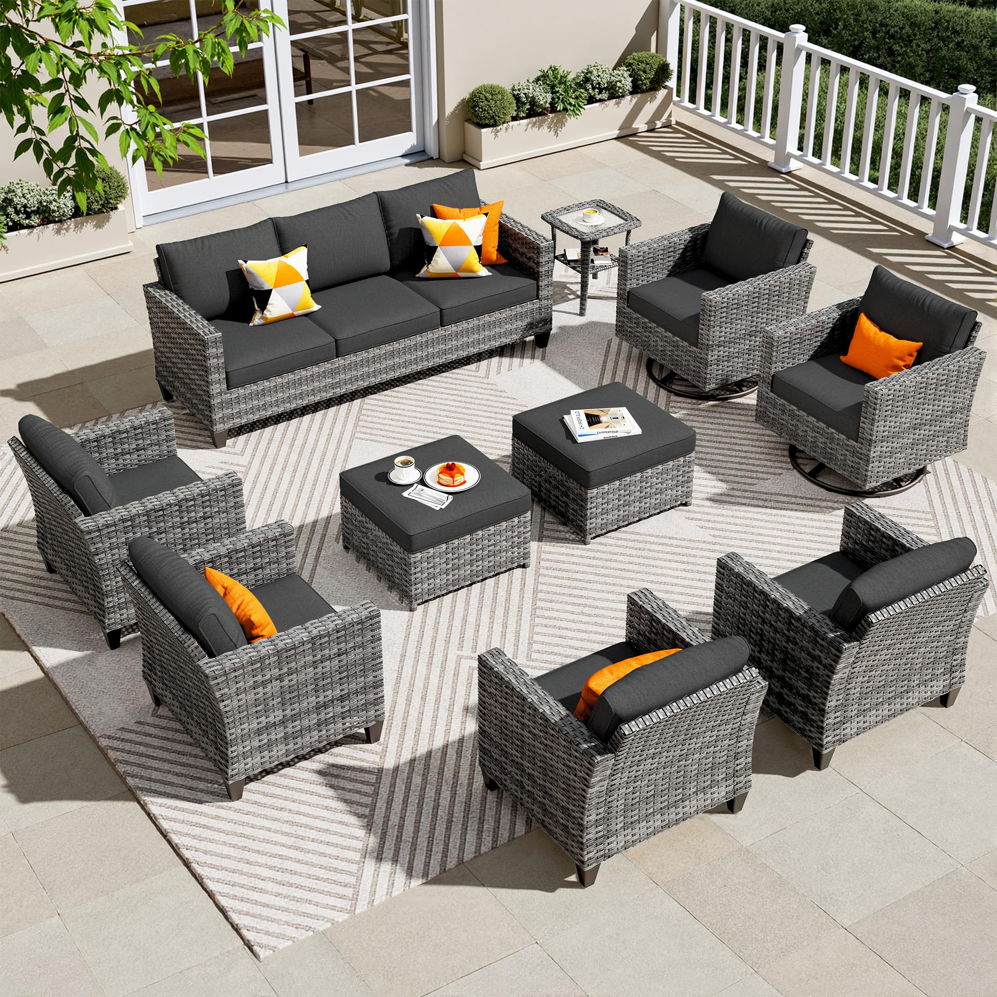 ovios 10 Pieces Patio Furniture Set, Outdoor Wicker Sofa Couch with Swivel Chairs, Rocking Glider Rocker with Comfy Cushions All Weather Rattan