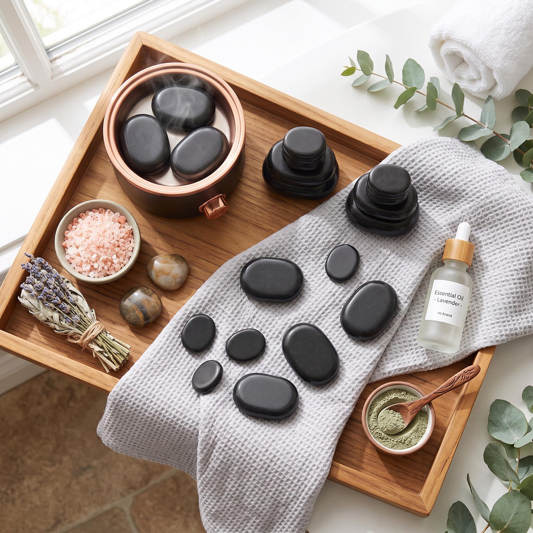 Kit de Masaje con Piedras calientes, 20 Piedras de Masaje de Basalto Piedra de Base caliente, Masajeador de Piedra caliente, para Spas Terapia de Masaje Relajación