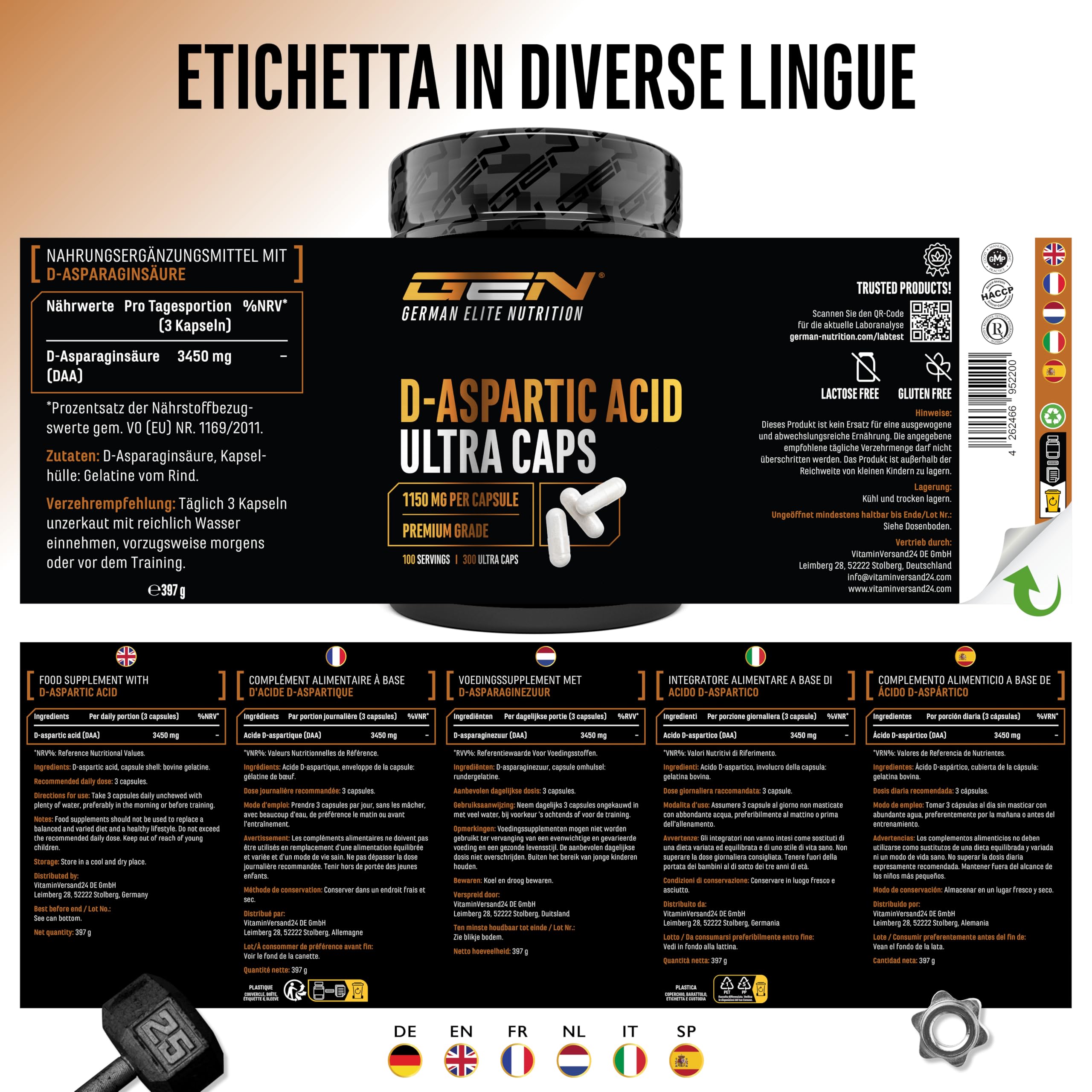 D-Aspartico DAA Ultra Caps - 300 capsule con 1150 mg ad alto dosaggio per capsula - D-Aspartic Acid - Senza additivi indesiderati
