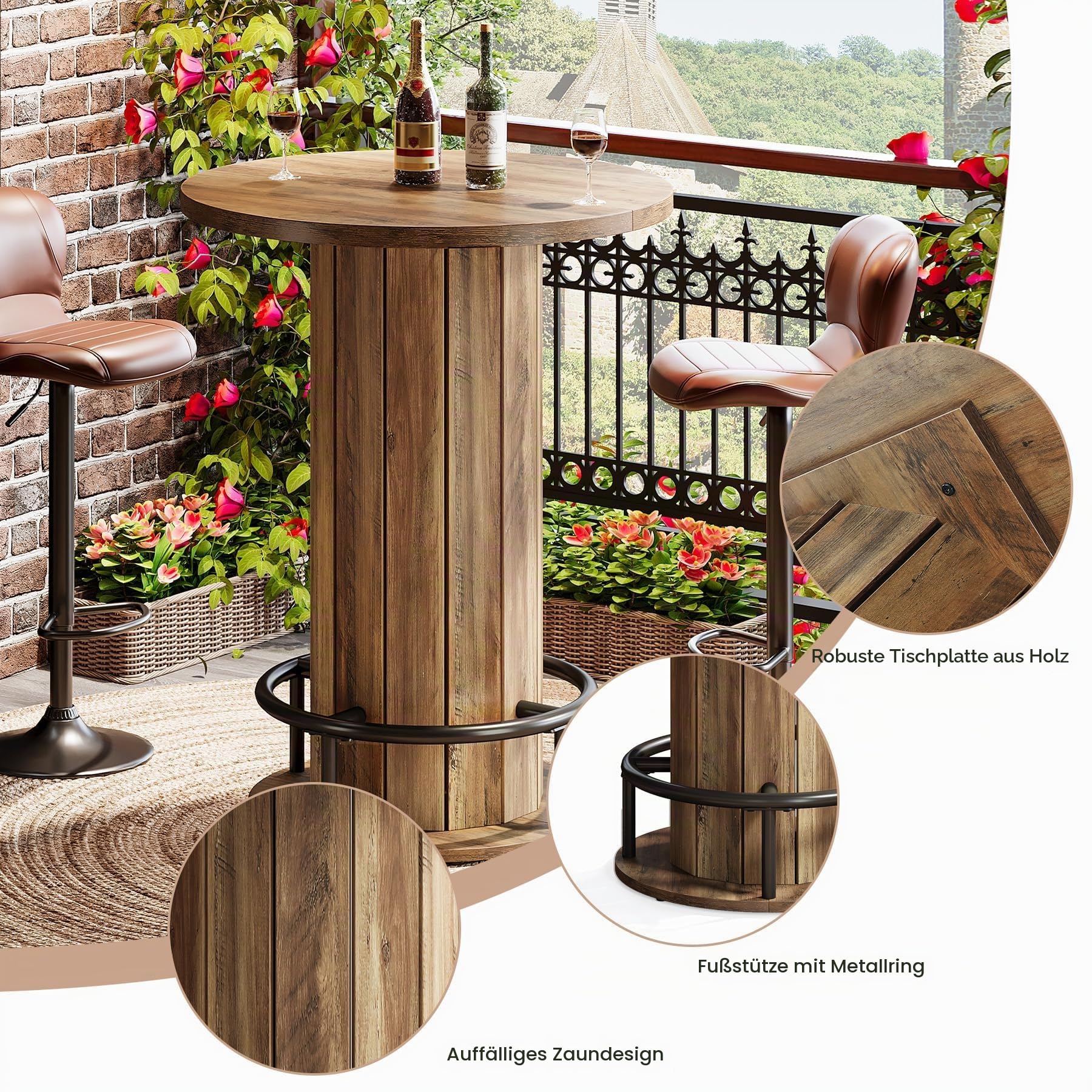 Tribesigns Runder Stehtisch, 100 cm hoch, Holz-Bistro-Kneipentisch mit Fußstütze aus Metallring für Esszimmer, Kaffee, Cocktail, Braun (nur Tisch)
