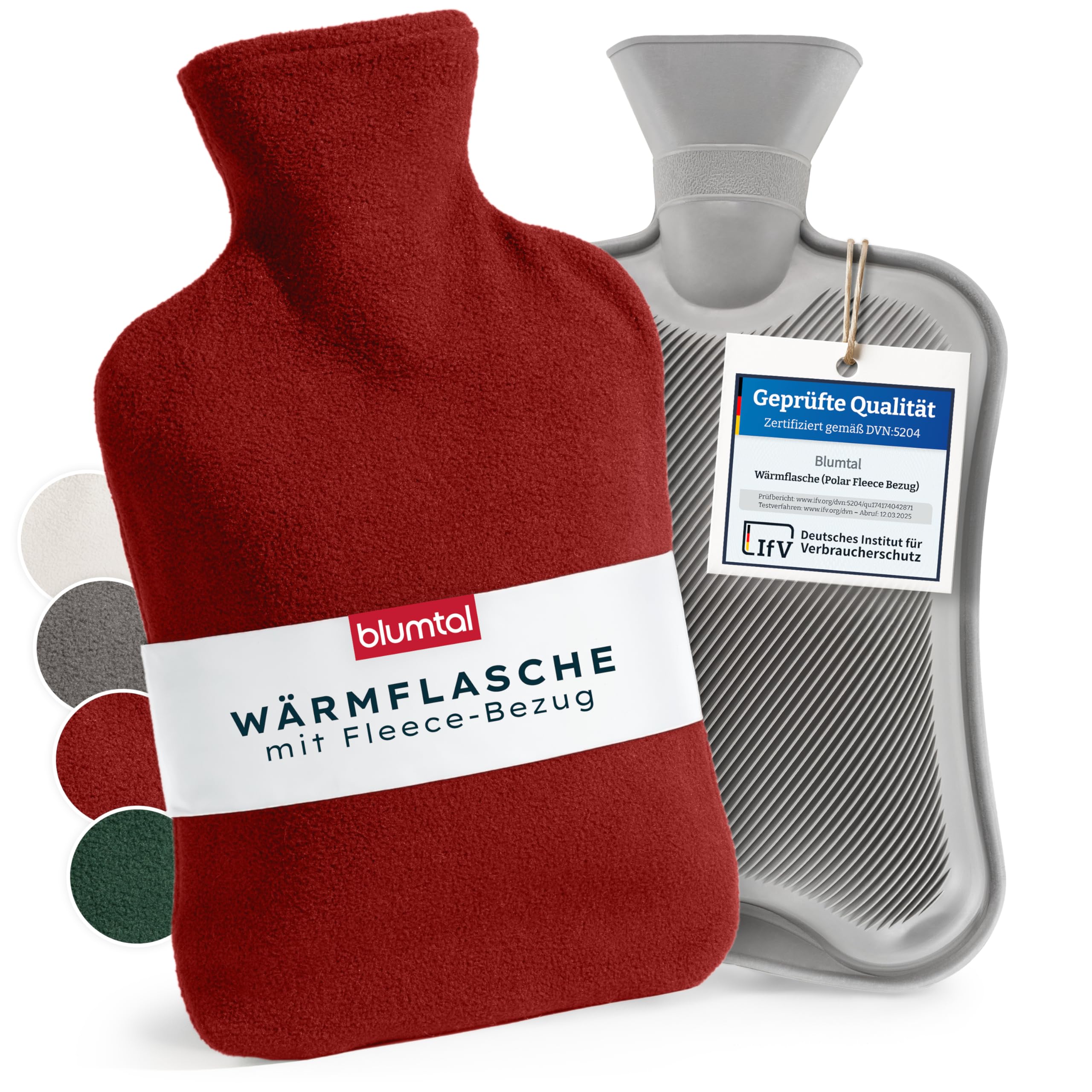Blumtal Premium Wärmflasche mit Bezug Fleece - Wärmeflasche aus verwendungssicherem Naturkautschuk mit Fleecebezug - auslaufsichere Bettflasche - beruhigend & wärmend - flauschige Wärmflasche Rot