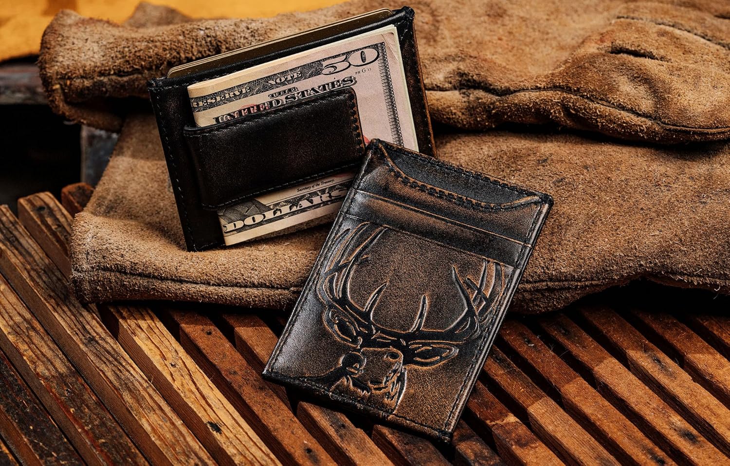 House of Jack Co. Deer Slim Money Clip Wallet for Men, Front Pocket Wallet with Strong Magnet, Full Grain Cowhide Card Holder Wallet, Black - Image 2