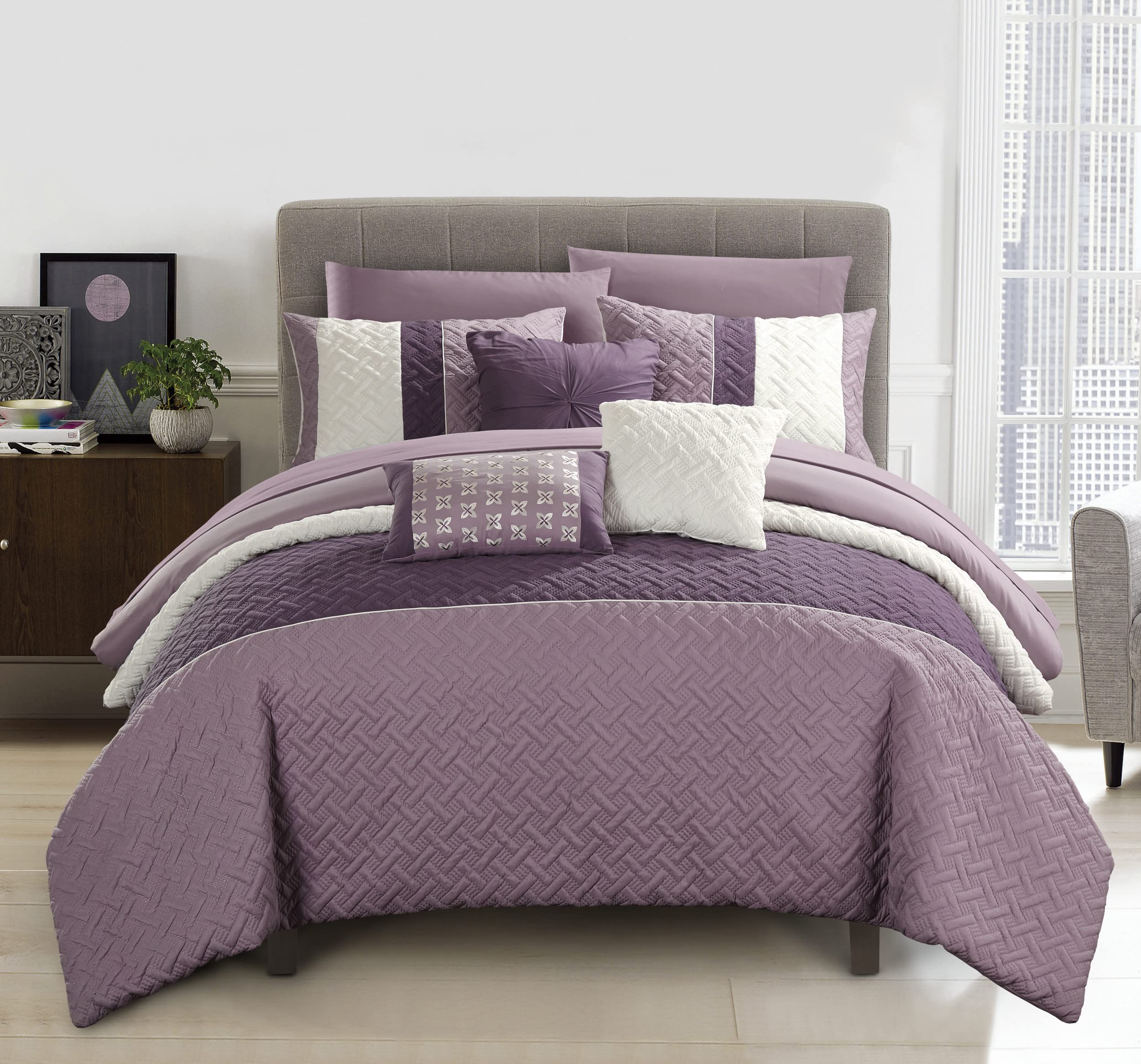 Chic Home Osnat 10 Piece Color Block Comforter Set Plum Queen