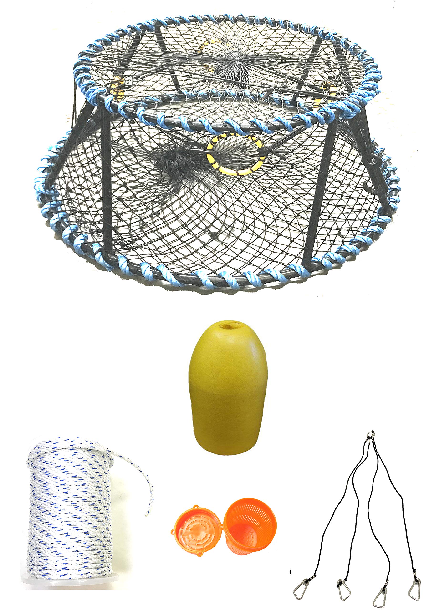 KUFA Sports Vinyl Coated Heavy Duty Tower Style Prawn Trap with 400' Rope, Yellow Float, Vented Bait Jar & Harness Combo (CT130+PAM15+HA5)