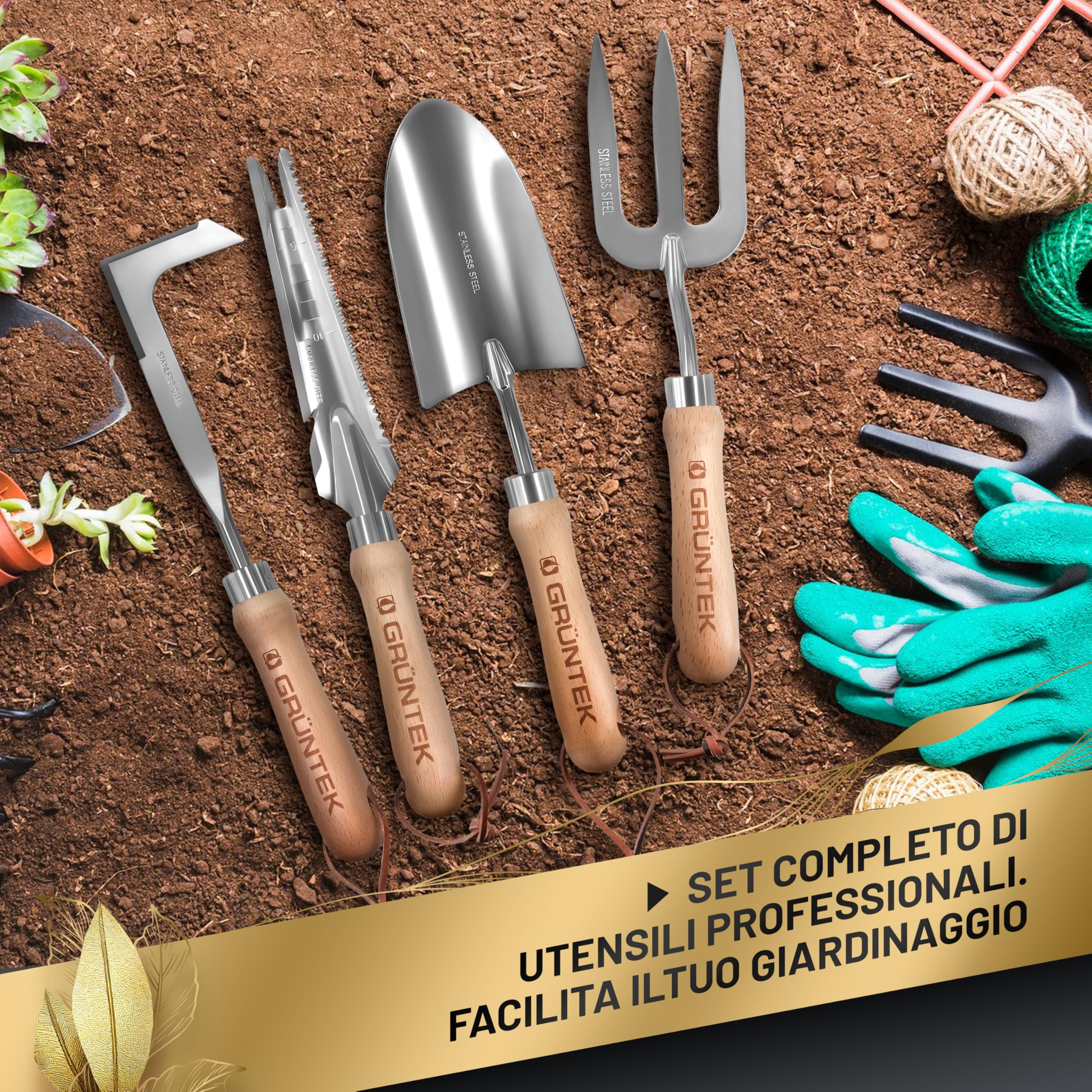 GRÜNTEK Pala Estirpatore Forchetta Cazzuola. Set 4 Attrezzi da Giardino Utensili in Acciaio Inox e in Legno di Frassino. Idea Regalo per Cura Giardino Erbacce. Sarchiatore Manuale