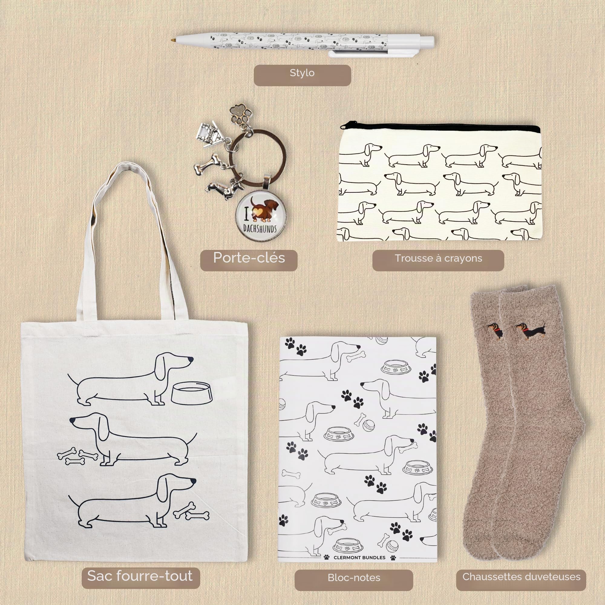 Coffret cadeau teckel pour homme et femme – Panier cadeau en forme de chien saucisse. Livré avec chaussettes, bloc-notes et stylo, porte-clés, trousse de maquillage, sac fourre-tout