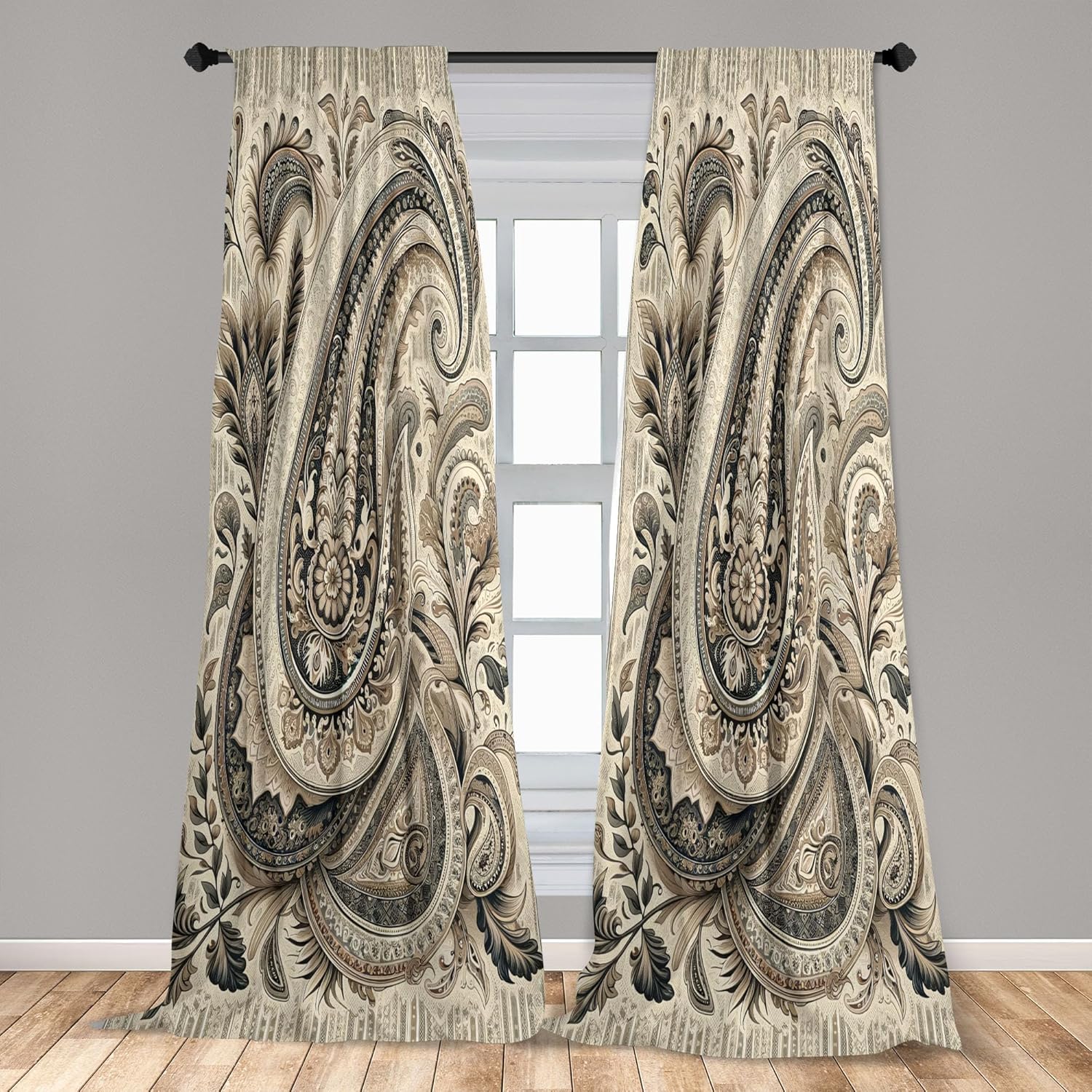 Ambesonne Paisley Window Curtains Pack of 2, Bohemian Design Creamy Neutral Colored Ornament Ethnic Floral Leafy, Lightweight Set with Rod Pocket, 4 Panels of - 28" x 63", Ivory Pale Sepia Dimgray