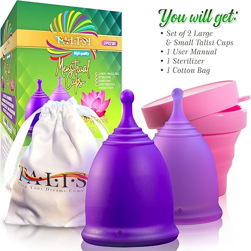 Miniatura 9 de Talisi - Juego de tazas menstruales de 2 vasos reutilizables de silicona de tamaño pequeño y grande para productos de higiene femeninos de flujo